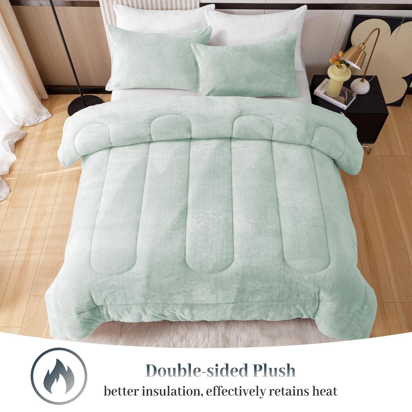 YIYEA Fluffy Queen Size Comforter Set, Luxury Faux Fur Comforter, Ultra Soft Plush Fuzzy Velvet Bedding Comforter Sets for Fall Winter, Cozy Warmth, No Shedding, 3PC, Queen, Light Grey BST326H
