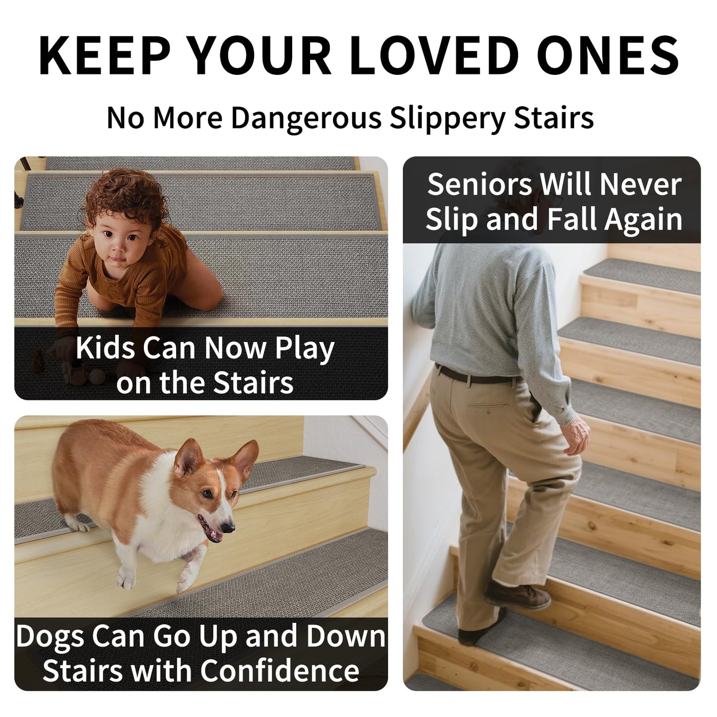 YDKGL Stair Treads Non Slip Indoor 4PCS, Rubber Backing Stair Runner Rugs for Wooden Steps, Residue Free Stair Carpet Treads for Kids Elders and Pets, Machine Washable Stair Mats, Gray, 8" x 30" WN420
