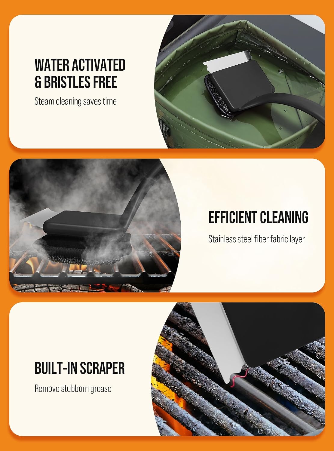 Grill Brush Bristle Free, Grill Cleaner Brush with 5 Replacement Heads, Ultra Safe Grill Brush for Outdoor Grill, Cast Iron, Stainless Steel Grates, Grill Scraper Outdoor BBQ Grill, Black WN420