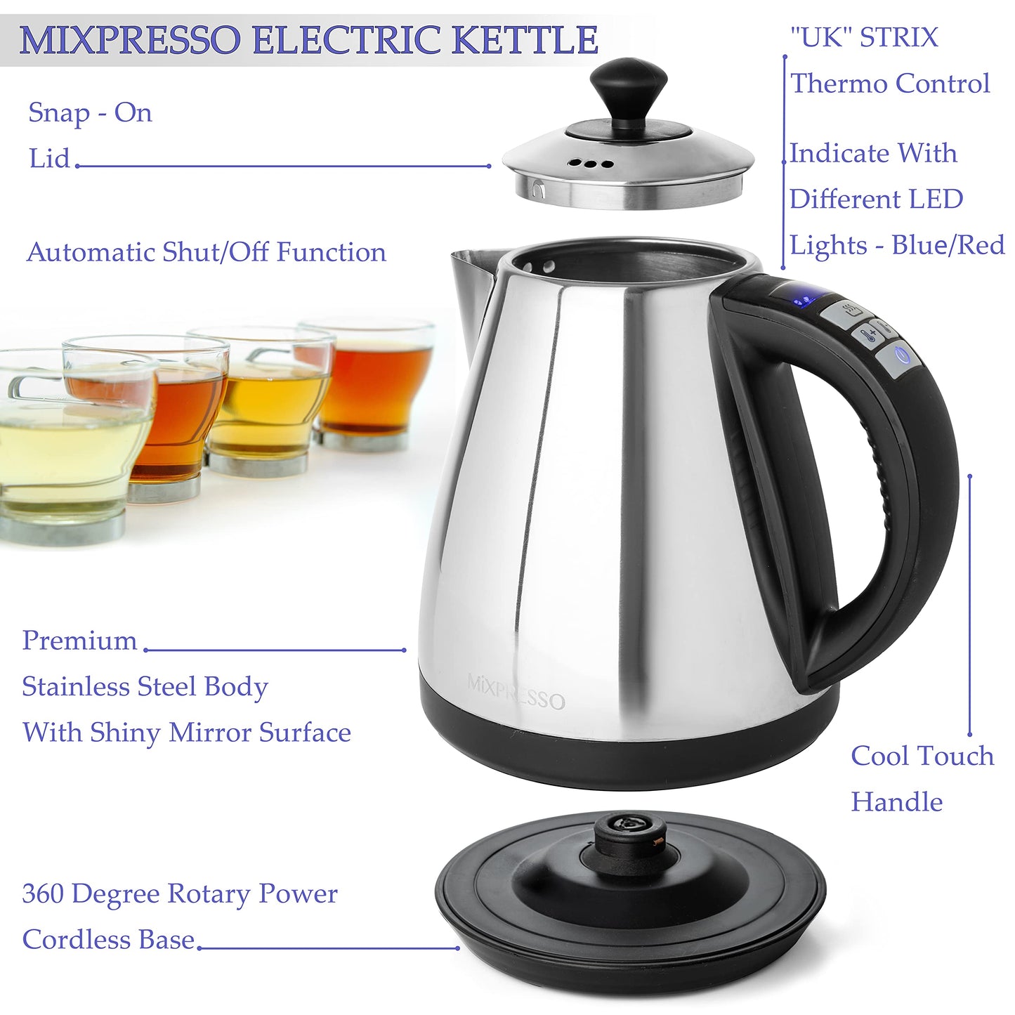 Mixpresso Electric Kettle Temperature Control, Hot Water Kettle Electric, Cordless 1 Liter Capacity, Keep Warm & LED Indicator, Auto-Shutoff, Boil-Dry Protection, Stainless Steel Electric Kettle BST220
