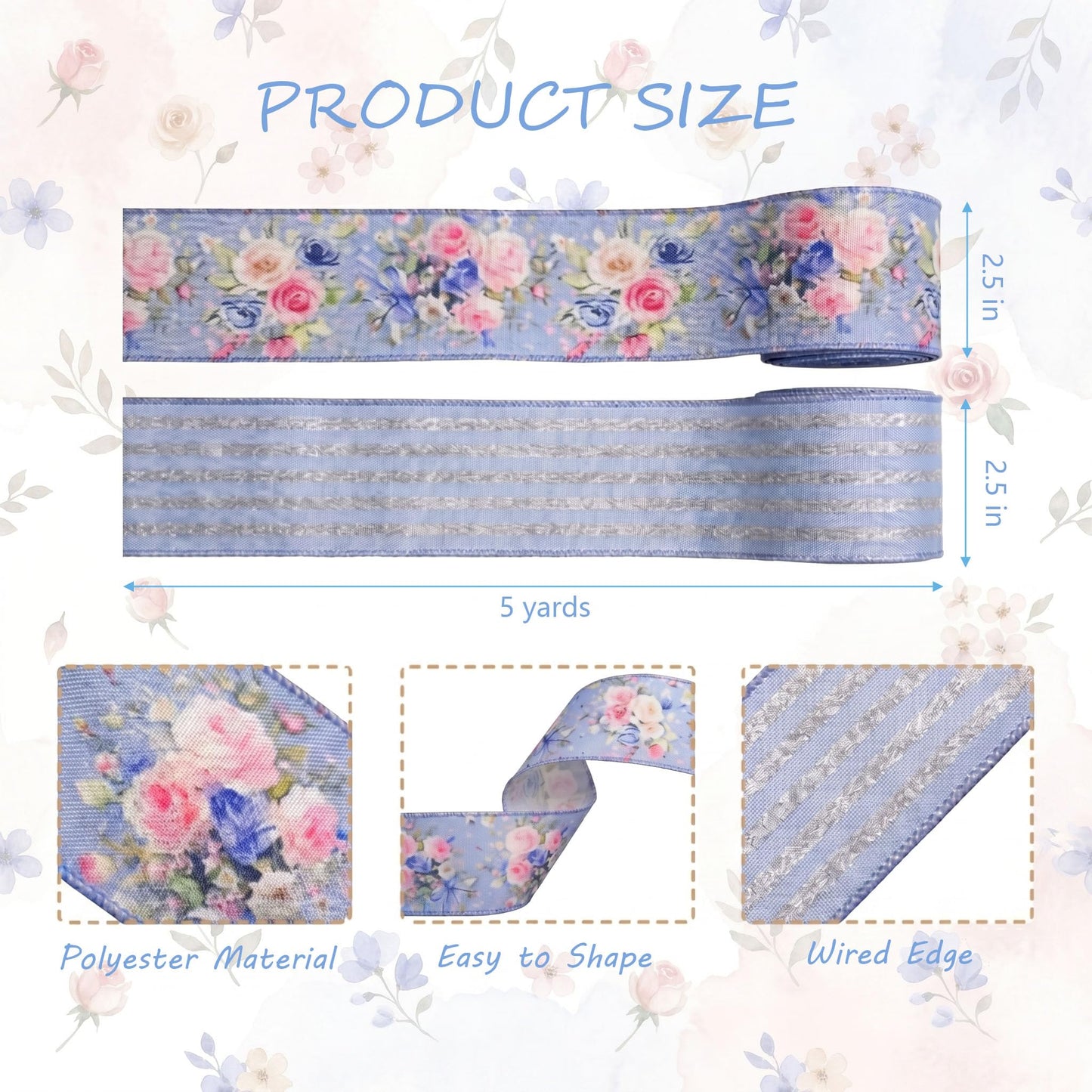 2 Rolls 10 Yards Spring Blue White Floral Wired Ribbons for Wreath Bows Wrapping Gifts, Hydrangea Butterfly Ribbon for Holiday Wedding Birthday Baby Shower Party Décor Summer DIY Crafts 2.5" BST202
