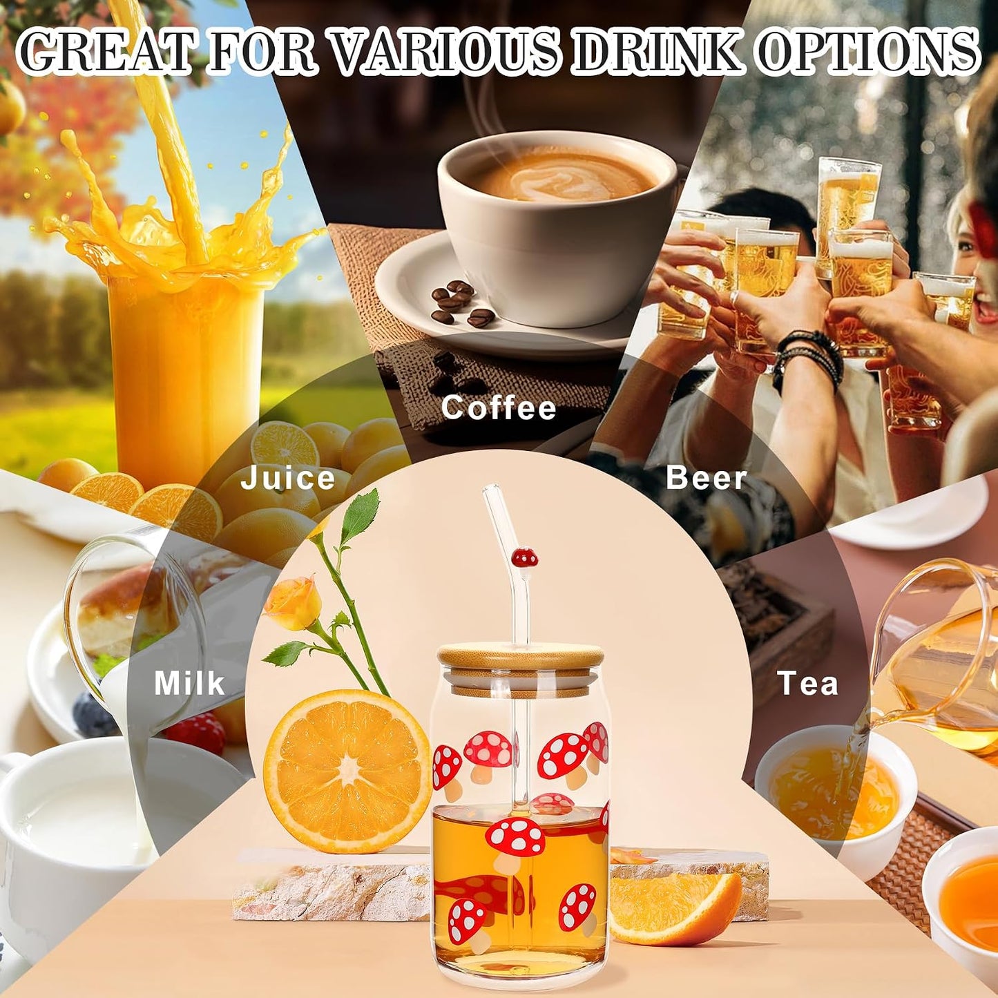 Mushroom Cup 16oz Mushroom Glass Cup with Bamboo Lid and Straw, Mushroom Things Mushroom Stuff, Mushroom Drinking Cup Coffee Tea Soda Mug Tumbler, Mushroom Gifts for Women Mushroom Lovers BST202