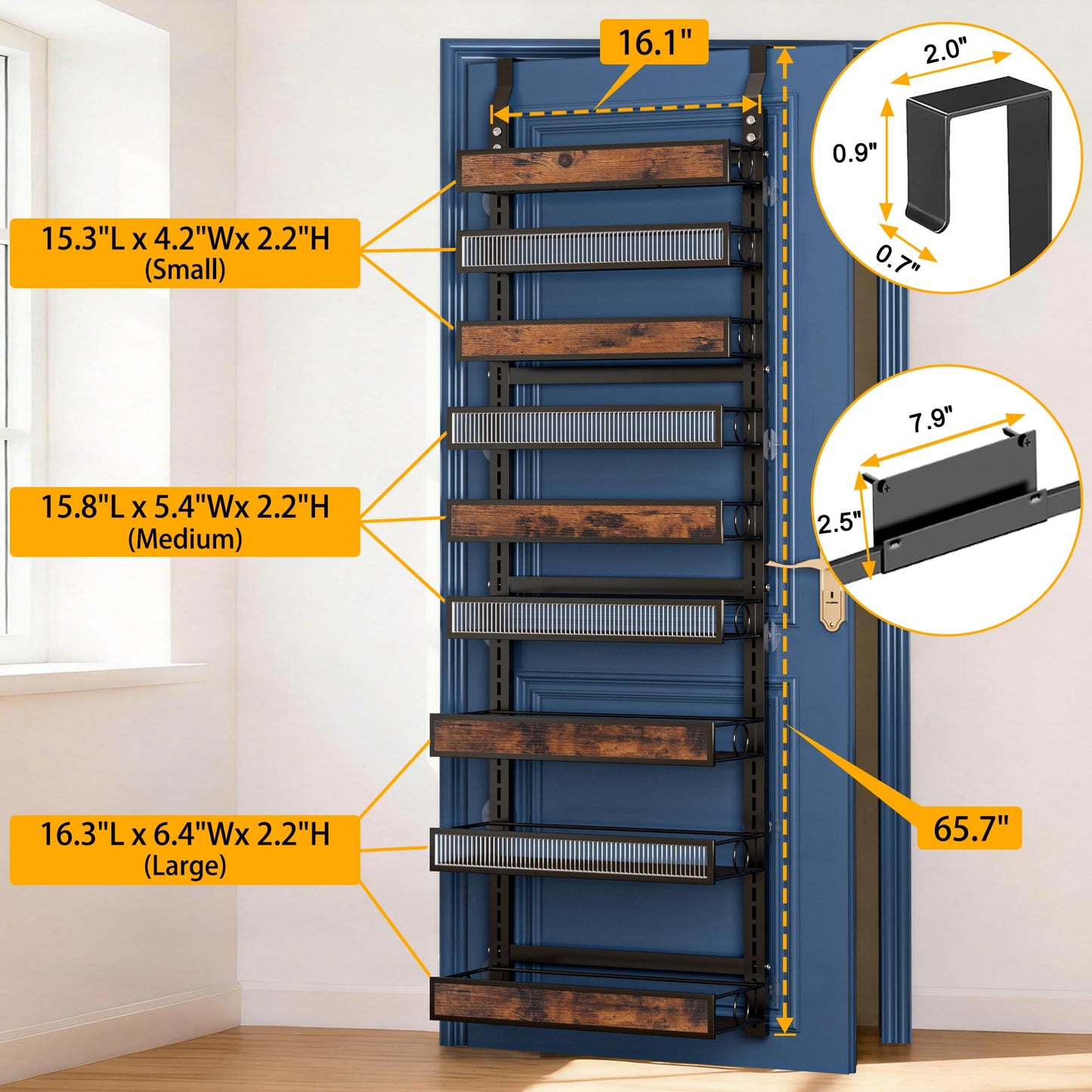 6 Tier Pantry Door Organizer Spice Rack, 2-IN-1 Wall Mount or Hanging Over Door Seasoning Organizer with Adjustable Baskets, Heavy Duty Behind Door Storage Shelves for Pantry, Cabinet and Kitchen BST220