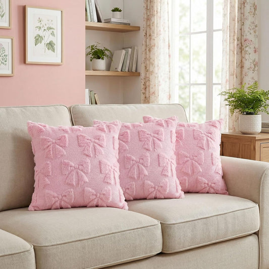 Pink Bow Pillow Covers 18x18 Inch Set of 3 Cute Bowknot Throw Pillow Cover Soft Plush Cushion Covers Aesthetic Pillowcase for Coquette Room Decor BST326H