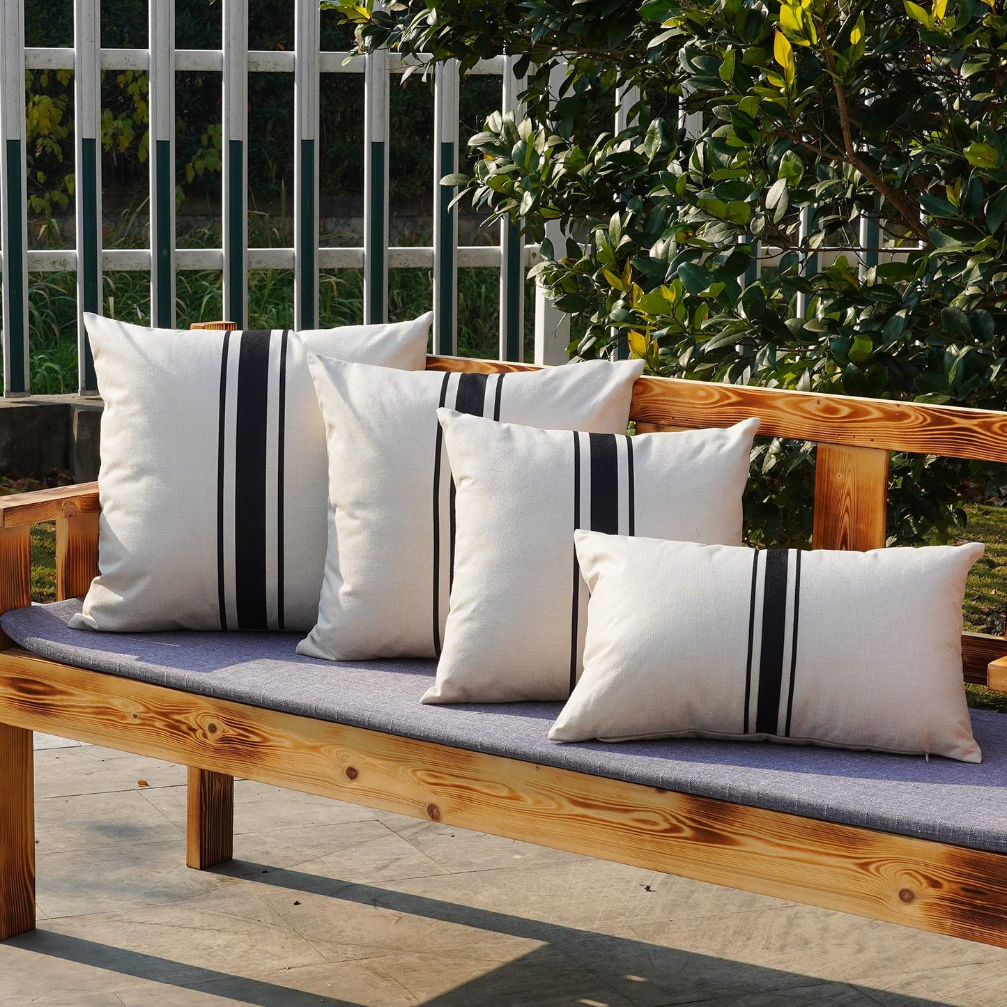 ONWAY Outdoor Pillow Covers Waterproof 18x18 Set of 2 Decorative Linen Throw Pillow Cover Beige and Black Striped Outdoor Pillows for Patio Furniture BST220