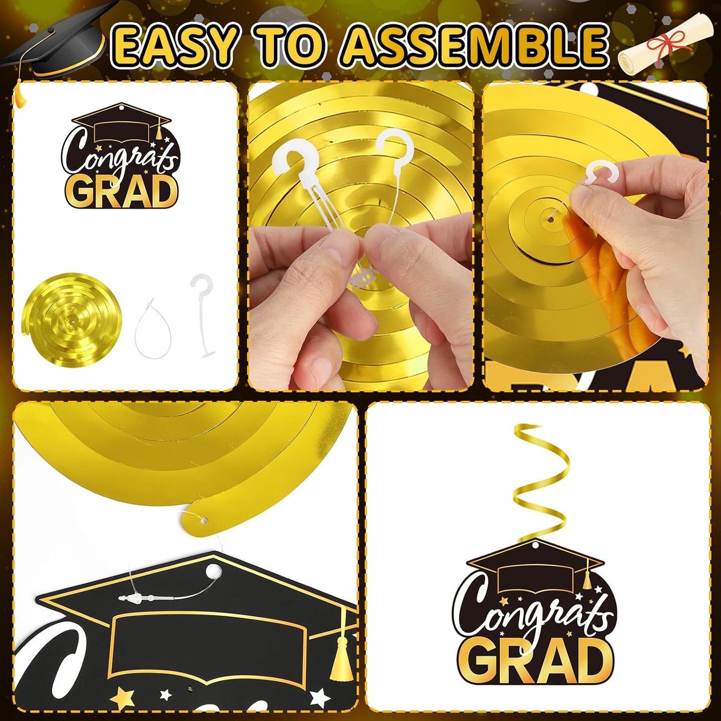 Graduation Decorations 2026, Class of 2026 Graduation Party Decorations Set, Congrats Grad Banner, Hanging Swirls & Table Centerpiece Decorations, Black and Gold Graduation Decor for Home School Party BST326L