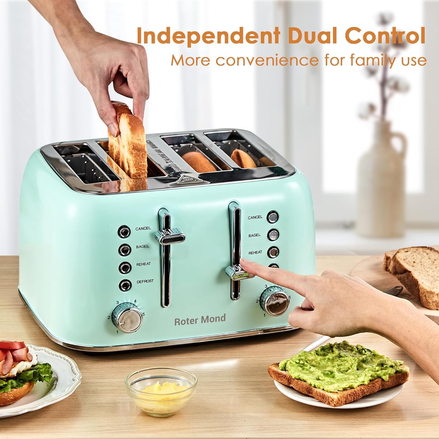 Roter Mond Toaster 4 Slice Retro Stainless Steel with Extra Wide Slots Bagel 102