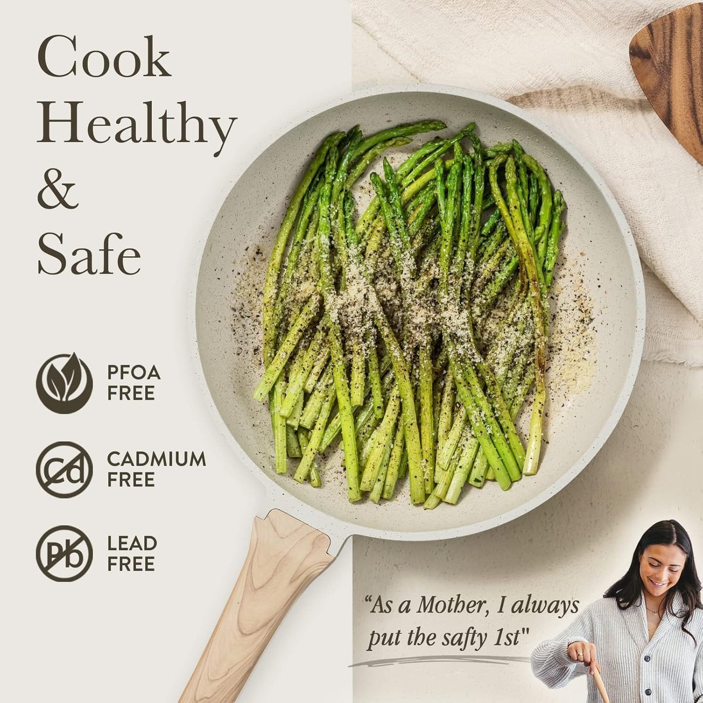 CAROTE Non Stick Frying Pan, 12 Inch Cream White Skillet with Glass Lid | Non Toxic Kitchen Healthy Cookware, Compatible with All Stovetop, Easy to Clean, PFOA Free BST202
