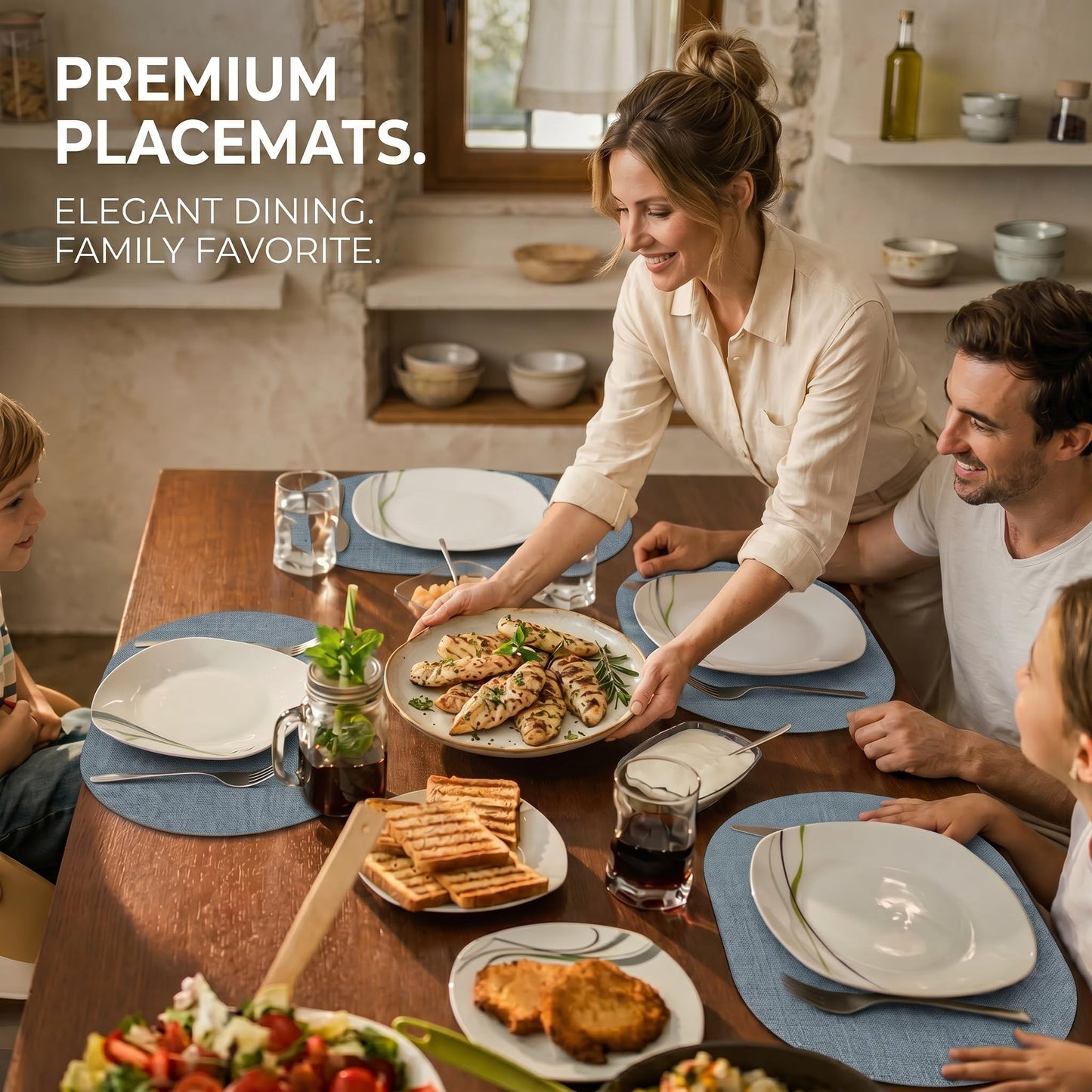 Faux Leather Placemats Set of 6, Wipeable Waterproof Stain Resistant Table Mats, Heat Resistant Thick Placemats with Hand-Painted Edges for Kitchen Dining, Imitative Linen Texture, Various Shapes BST326H