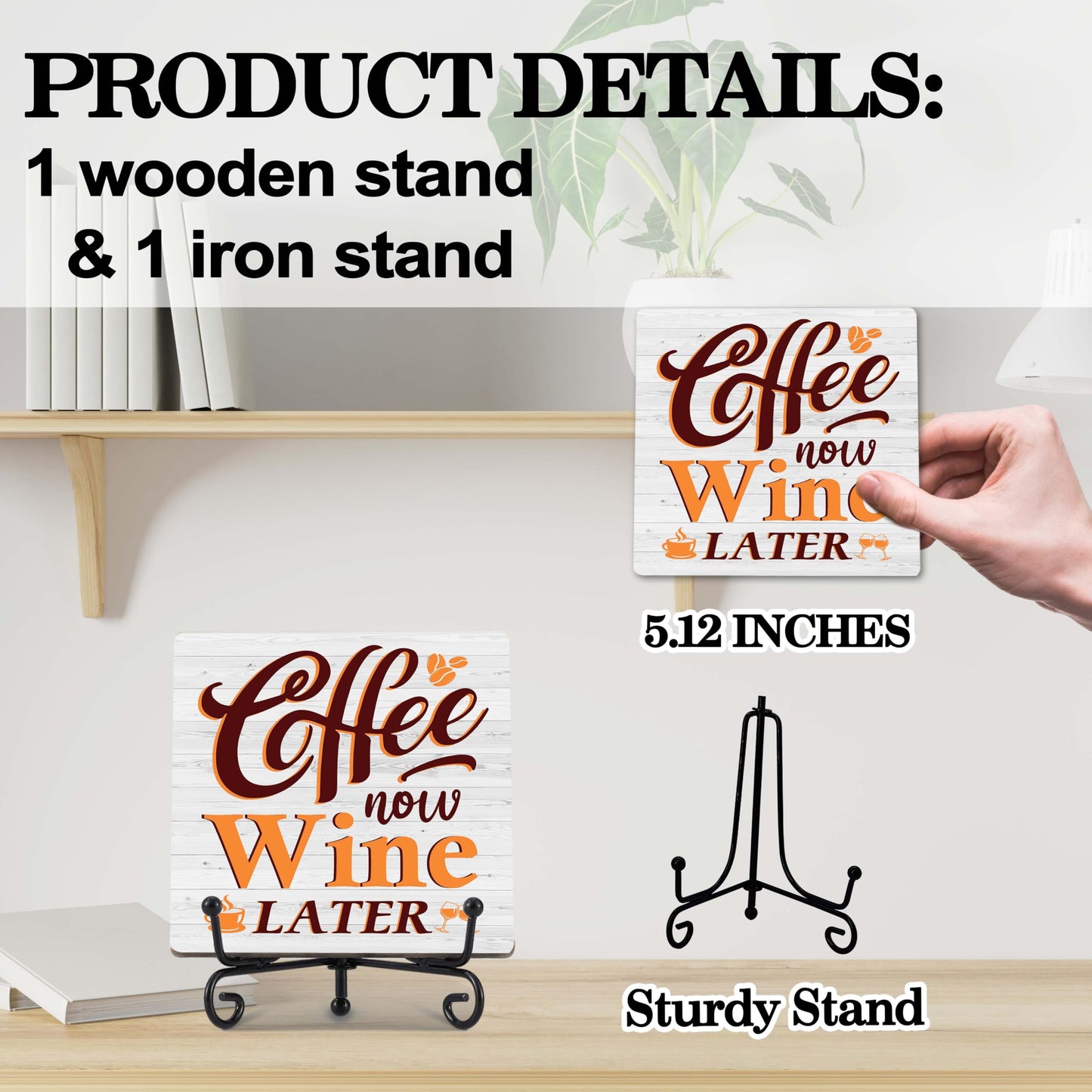 Coffee Bar Decor, Farmhouse Kitchen Table Decor, Coffee Station Accessories, Wooden Decorative Sign with Iron Stand for Table Desk Shelf Display-E21 BST220
