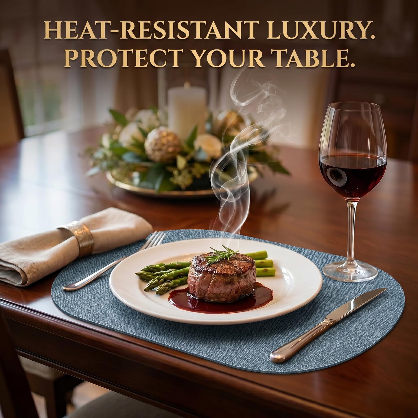 Faux Leather Placemats Set of 6, Wipeable Waterproof Stain Resistant Table Mats, Heat Resistant Thick Placemats with Hand-Painted Edges for Kitchen Dining, Imitative Linen Texture, Various Shapes BST326H