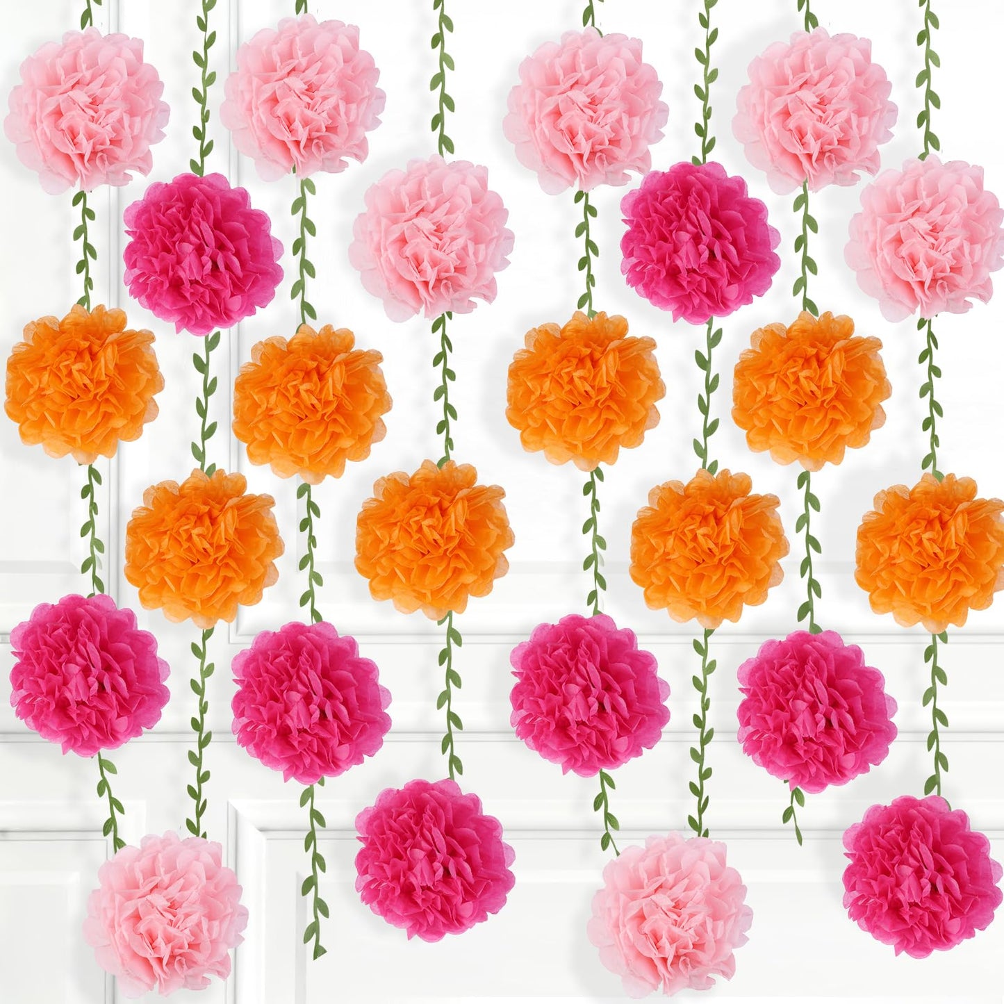 kreat4joy 4pack Pink Purple Tissue Paper Pom Poms Flowers Garland Leaf Ribbon 98.42inches Pre-Strung Reusable Ceiling for Birthday Baby Shower Wedding Bridal Shower Home Event Wall Party Decoration BST220