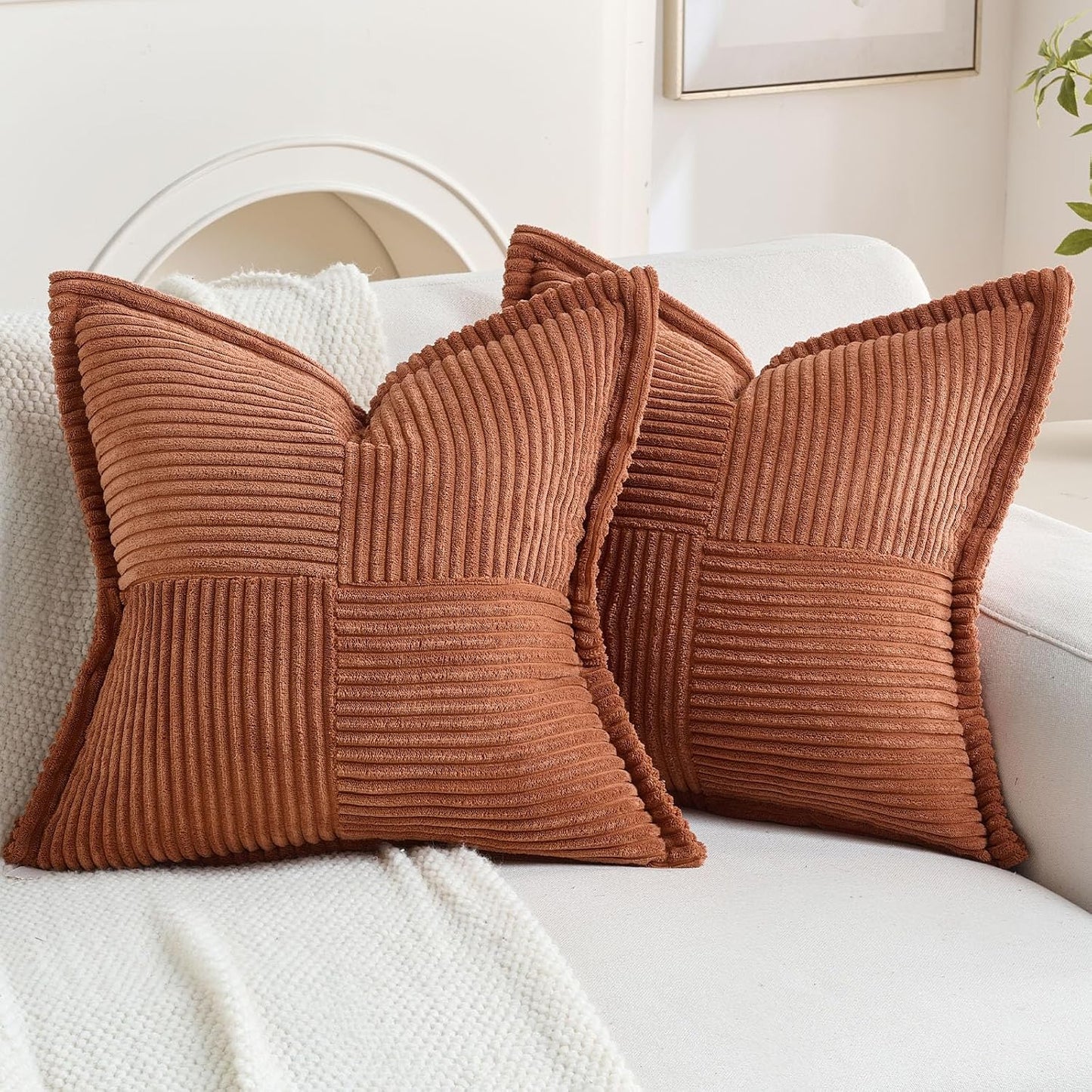 HAUSSY Pack of 2 Corduroy Throw Pillow Covers26x26 Inch, Rust | Decorative Striped Soft Boho Farmhouse Pillowcases, Machine Washable, Couch Bed Sofa Living Room Home Decor, No Insert BST202