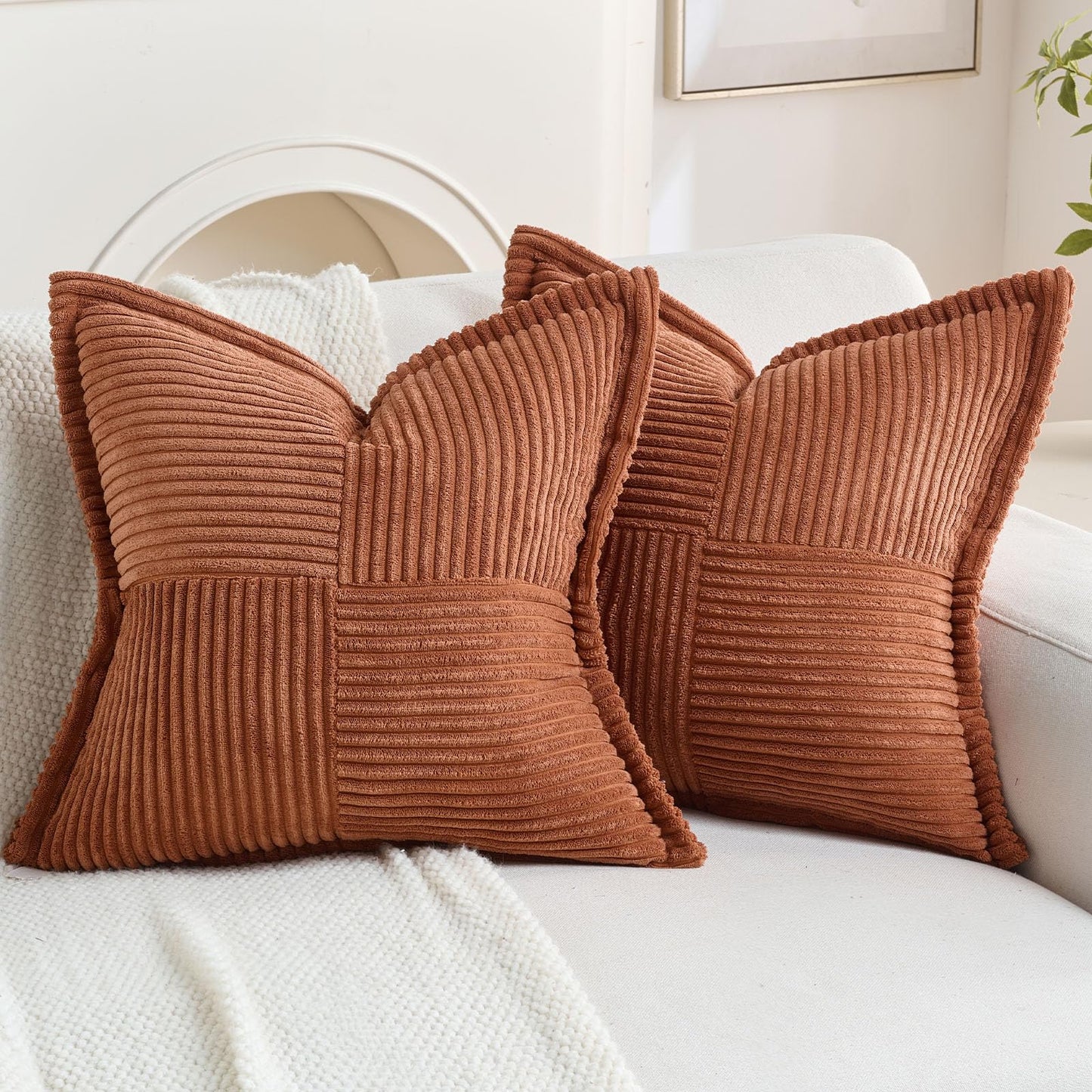 HAUSSY Pack of 2 Corduroy Throw Pillow Covers26x26 Inch, Rust | Decorative Striped Soft Boho Farmhouse Pillowcases, Machine Washable, Couch Bed Sofa Living Room Home Decor, No Insert BST202