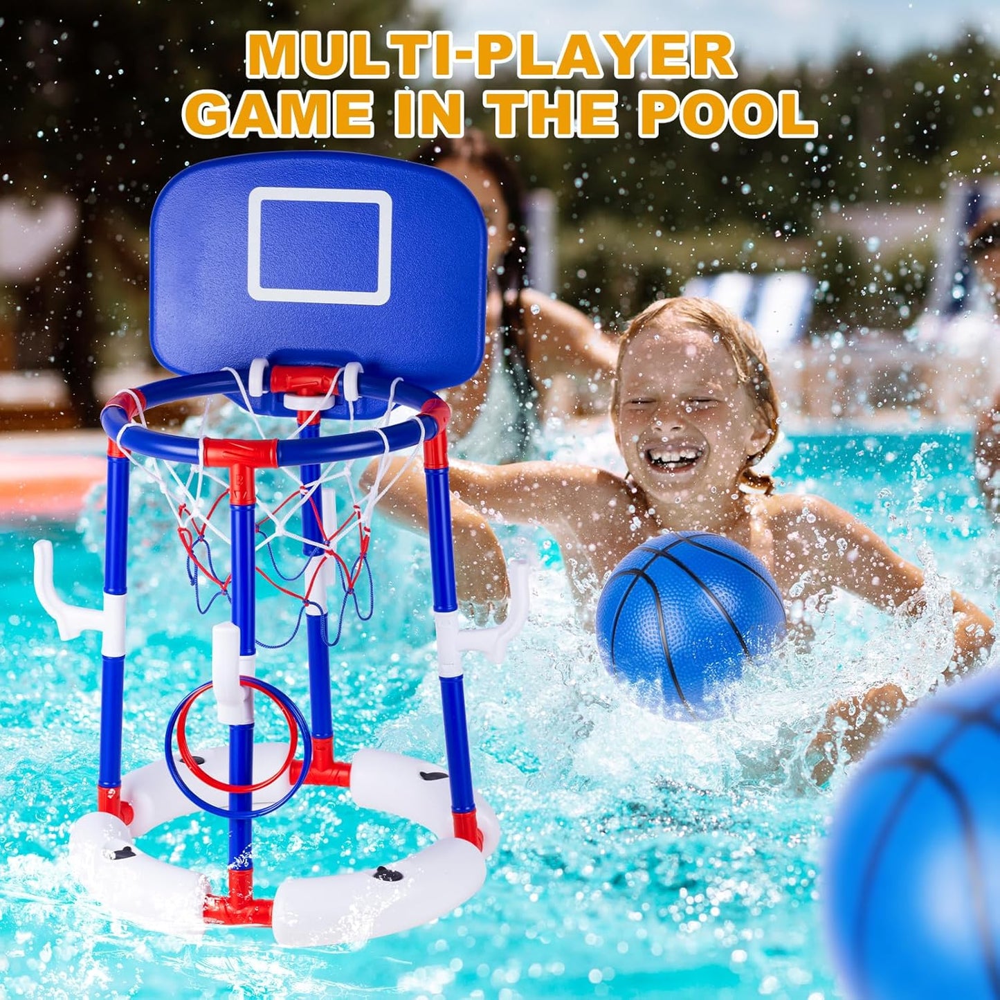 Taotuo Blue Floating Pool Basketball Hoop with Backboard, 2-in-1 Poor Toy Basketball & Ring Toss Game with 4 Balls, 6 Rings&Pump, Summer Pool Toys Outdoor Water Fun Family Party for Age 3-12 DD1210