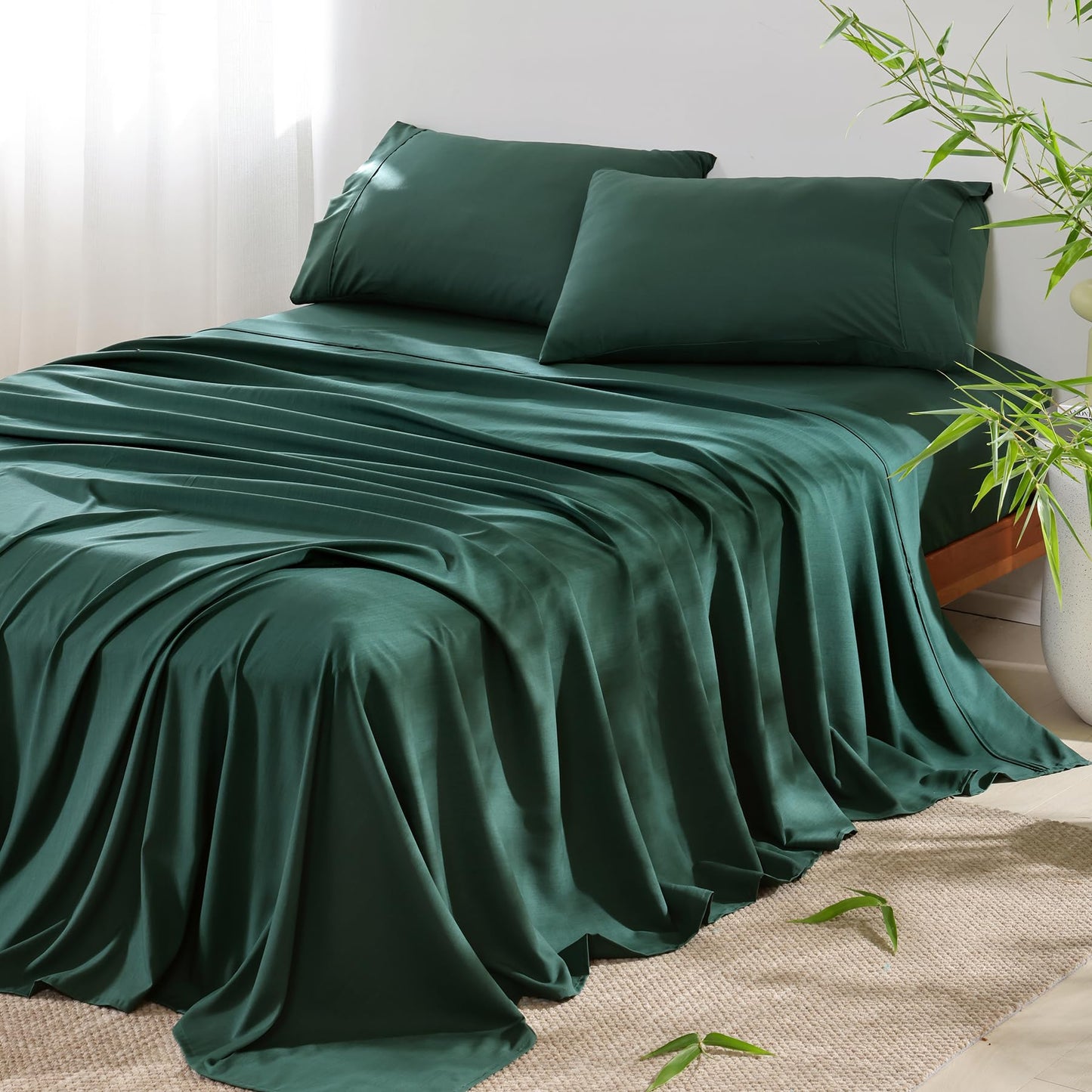 4 Piece Twin Size Sheet - Cooling Bed Sheets Set, Blend Rayon Derived from Bamboo, Breathable Soft Hotel Luxury Bedding & Pillowcases, Silky Fit 16 inch Extra Deep Pocket, Oeko-Tex - Olive Green BST326H