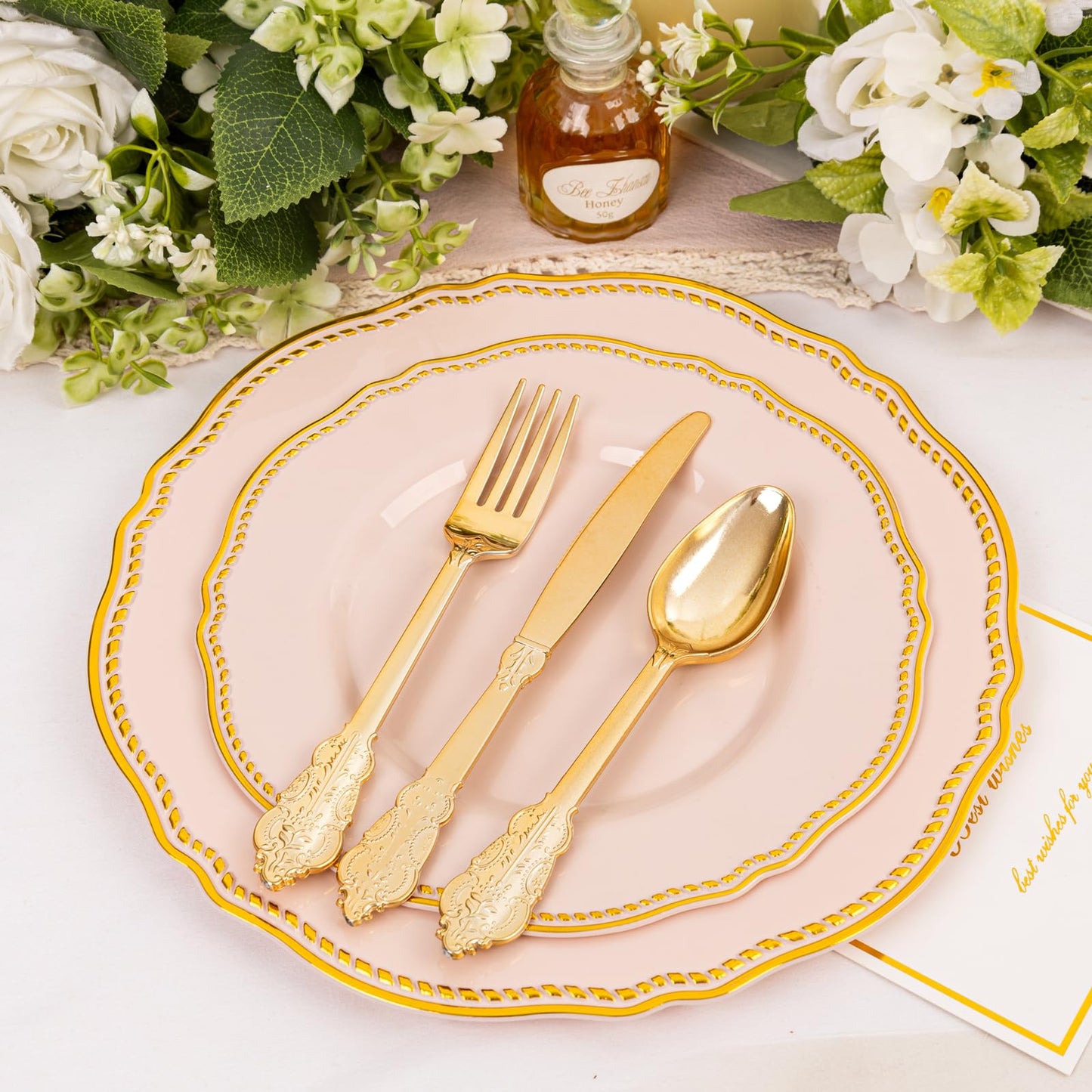 Hioasis 60pcs Pink Plastic Plates - Pink and Gold Disposable Dinnerware with Gold Rim N26