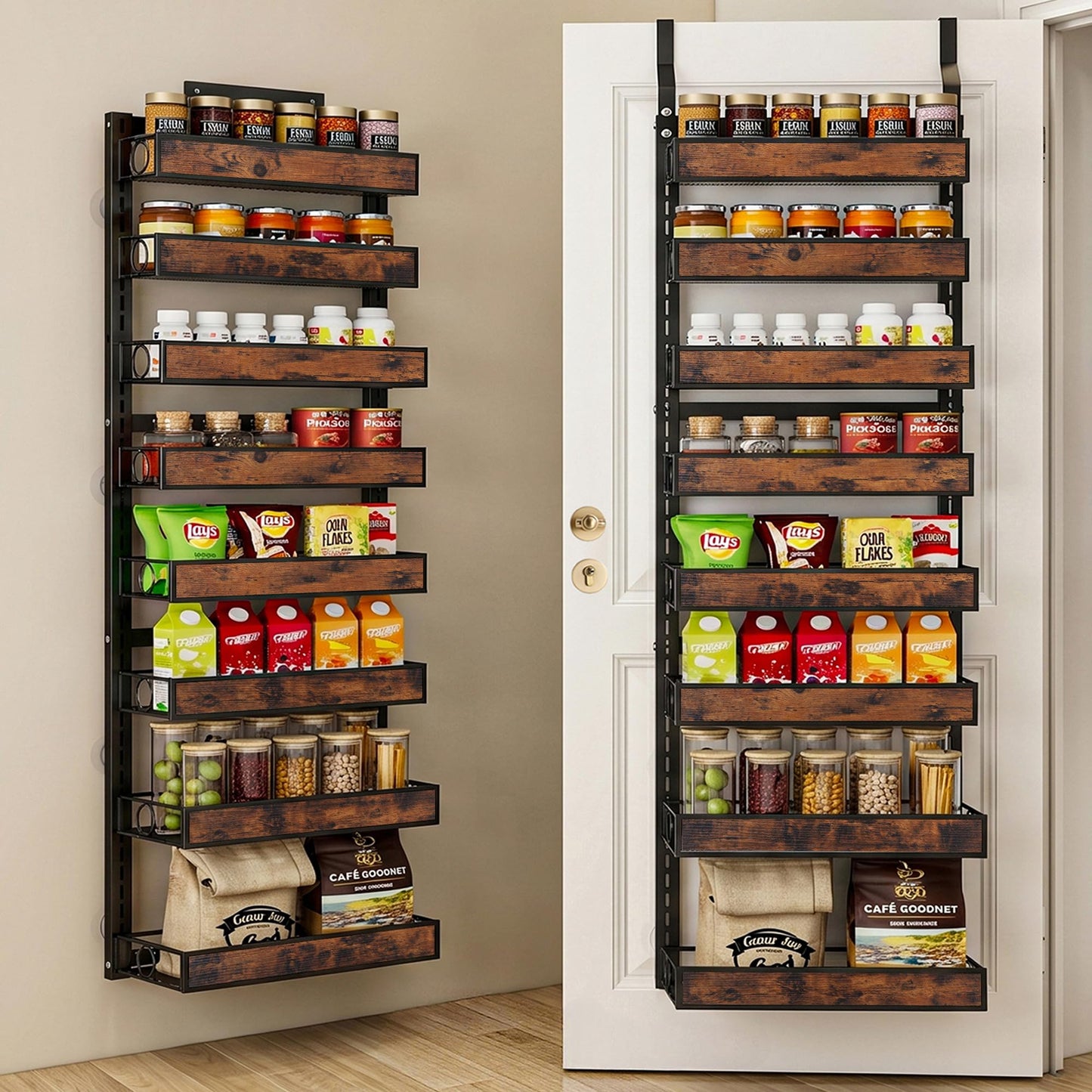 8 Tier Over The Door Pantry Orangizer 2 IN 1 Wall Mounted or Hanging Spice Rack with Adjustable Wood Basket,Heavy Duty Seasoning Storage Shelf for Kitchen Pantry and Bathroom BST220