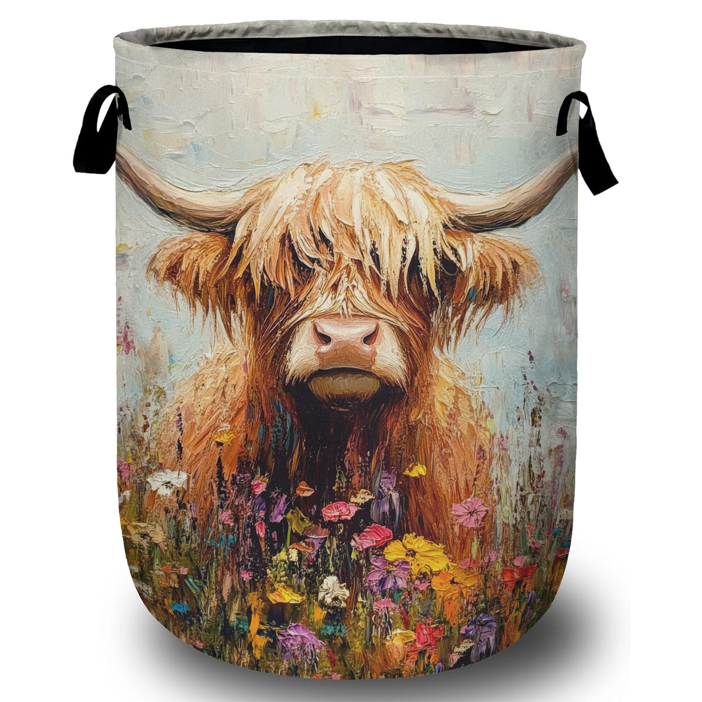 Nature Cow Print Laundry Basket with Sturdy Handles, Cow Skin Collapsible Oxford Cloth Laundry Hamper Organizer Basket for Bathroom Bedroom 15.7x20 Inch BST220