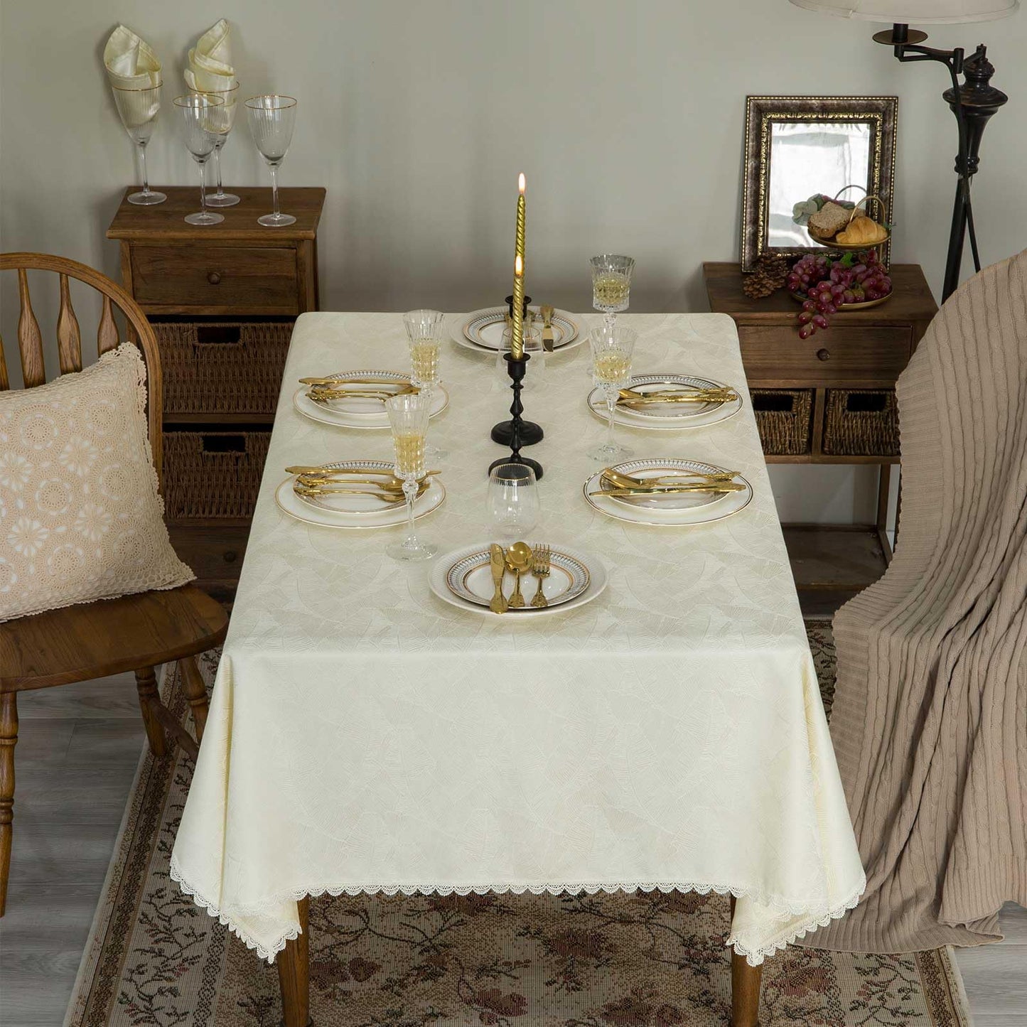 GLORY SEASON Textured Rectangle/Oblong Tablecloth Jacquard Fabric Solid Beige Table Cover for Kitchen Dining Farmhouse Decor 55x70 Inch BST202