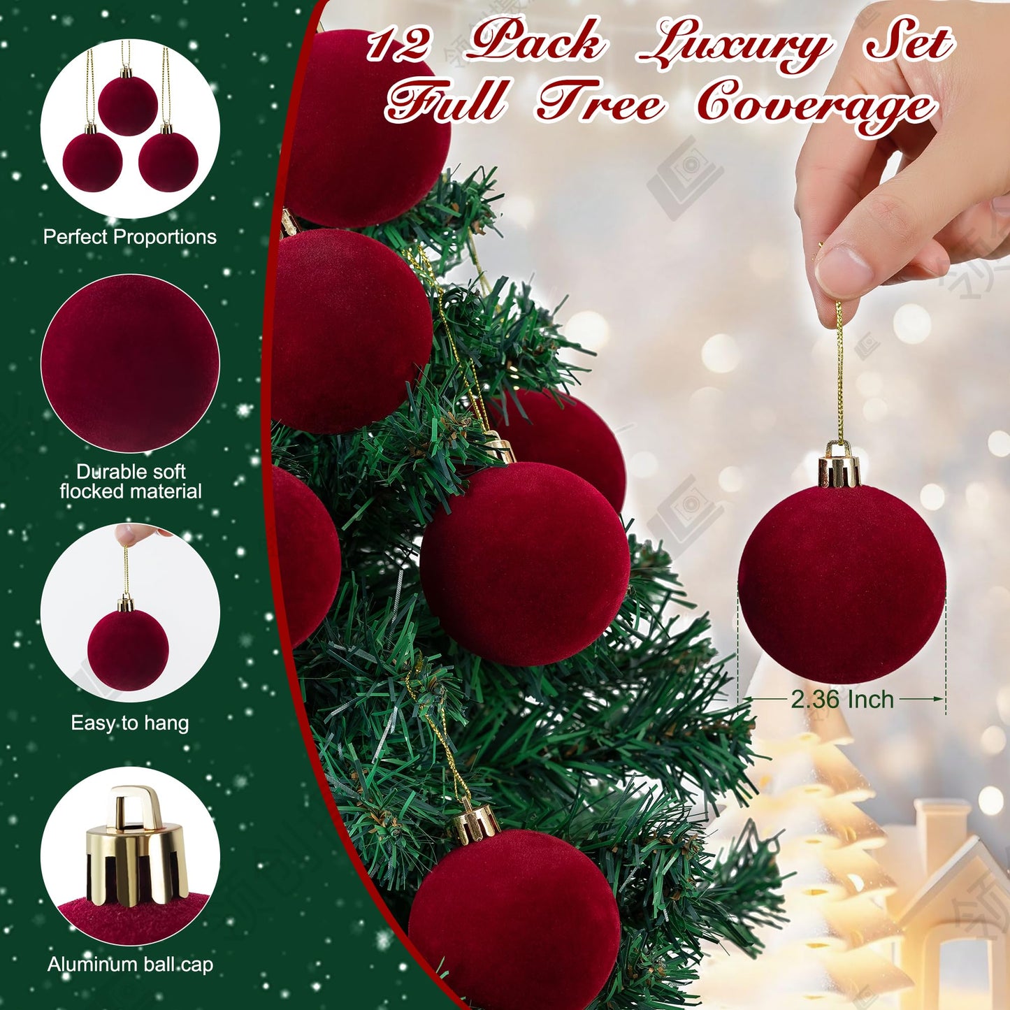 12 PCS Velvet Ornaments for Christmas Tree Decorations, Elegant Velvet Christmas Ornaments Balls, Shatterproof Xmas Decorative Hanging Ornaments(Brown, Green, Light Khaki,2.36 Inch) BST202