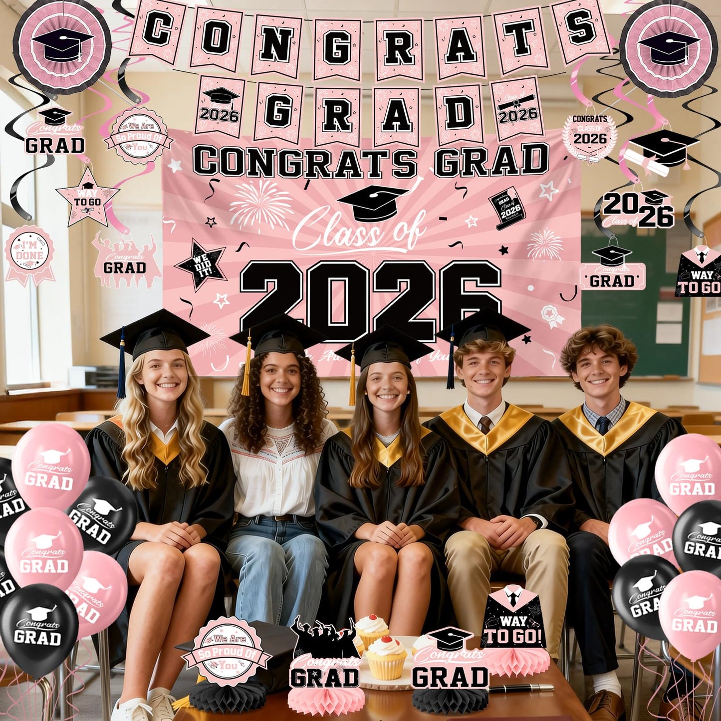 Graduation Decorations 2026-Blue and Black Graduation Party Decorations Supplies Class of 2026 with Graduation Banner, Backdrop, Balloons, Centerpieces, Hanging Swirl for Grad Party BST326H