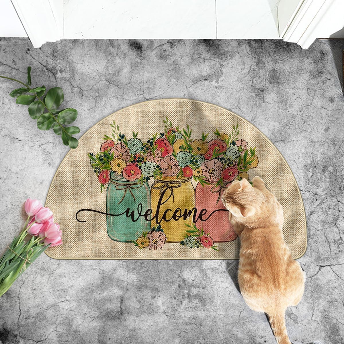 Artoid Mode Vase Hello Spring Semicircular Doormat, Seasonal Summer Low-Profile Yard Floor Switch Mat for Indoor Outdoor 17 x 29 Inch BST202