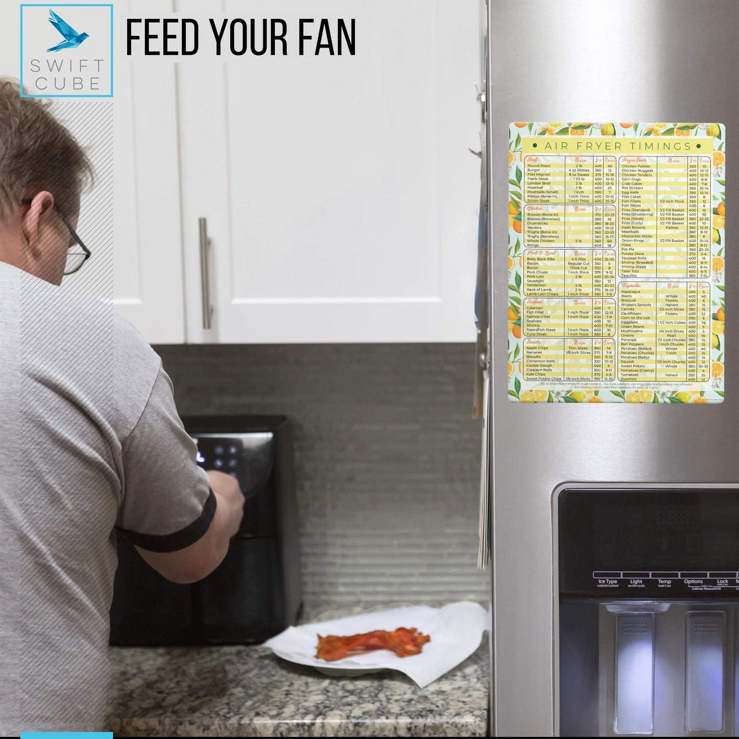 SwiftCube Air Fryer Magnetic Cheat Sheets, Multicooker Cheat Sheet Recipe Magnets, with Cooking Temperature, Time & Size Chart Conversion Measurement, Orange-Lemon Kitchen Decor, 8.5"x11" Citrus Dream BST220