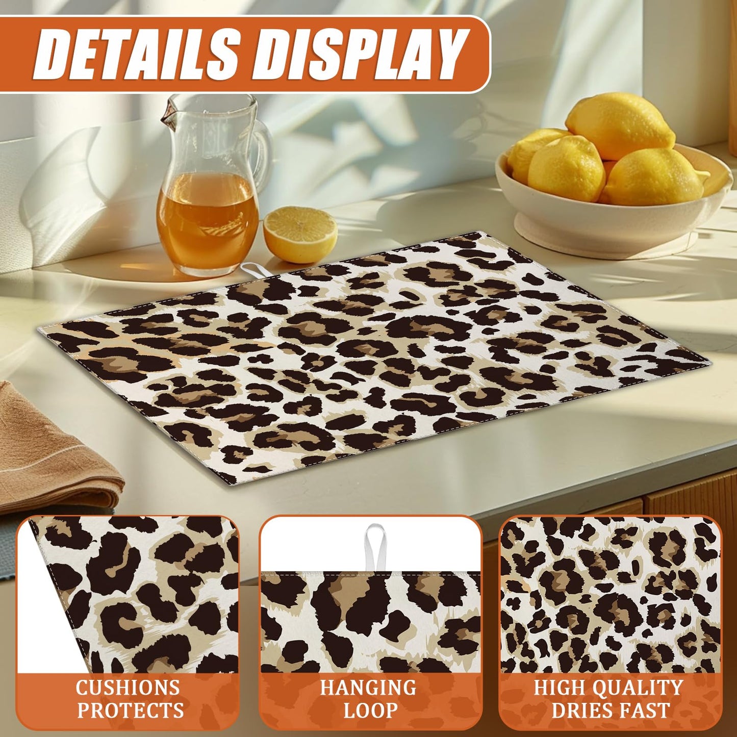 Brown Leopard Dish Drying Mat for Kitchen Counter Microfiber Absorbent Dish Kitchen Drying Mat Draining Reusable Washable for Dishes/Utensils/Counterto BST220