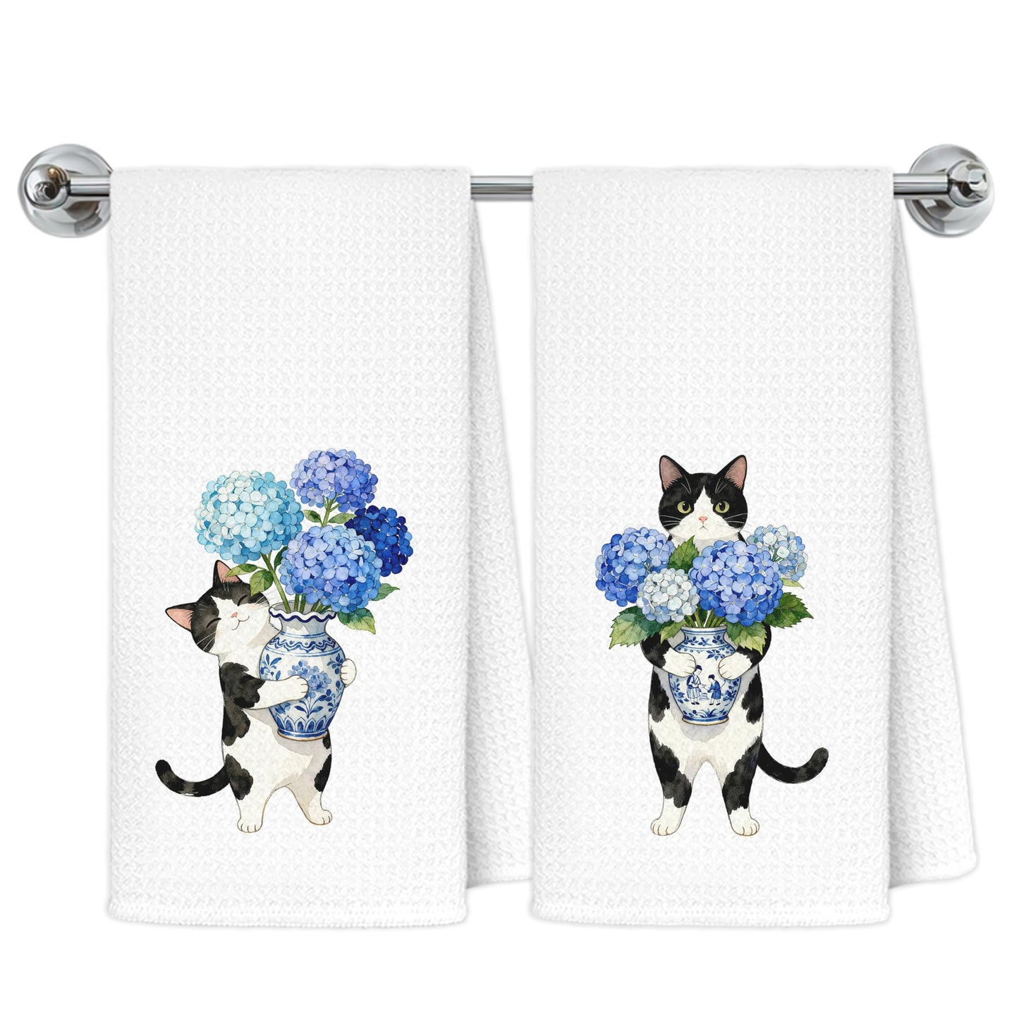 Blue and White Chinoiserie Orange Cat Bathroom Hand Towels, Orange Cat Gifts, Funny Oriental Kitty Decorative Hand Towels Bathroom Restroom Washroom Yoga Spa Zen Decor, 16x24 Inch BST326L