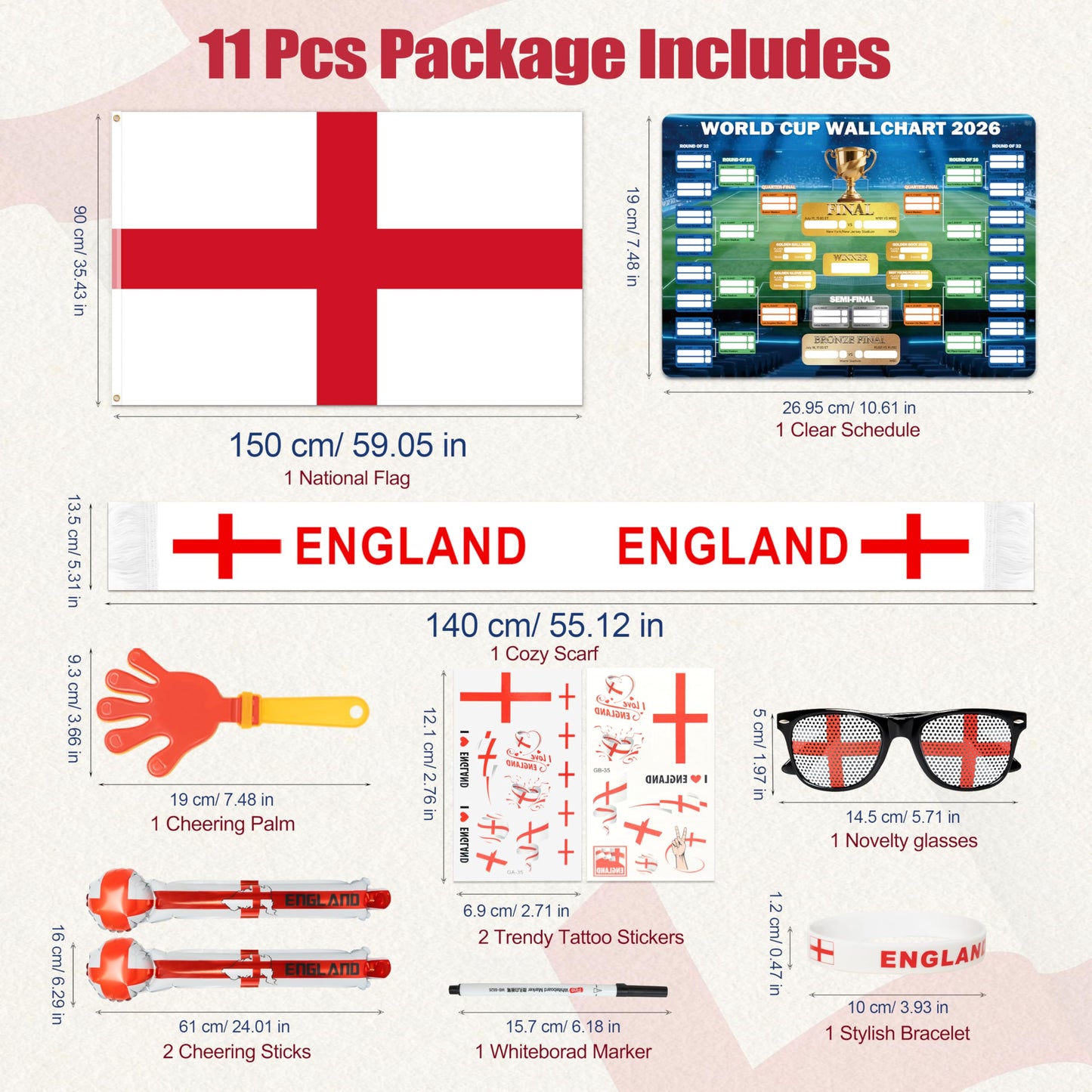 World Cup 2026 Fan Accessories with Large 3x5 ft Flag, Match Tracker Poster, Stickers, Cheering Sticks, Clapper & Scarf, World Cup Decorations Fan kit for Soccer Watch Party, Stadium and Home Cheering BST202
