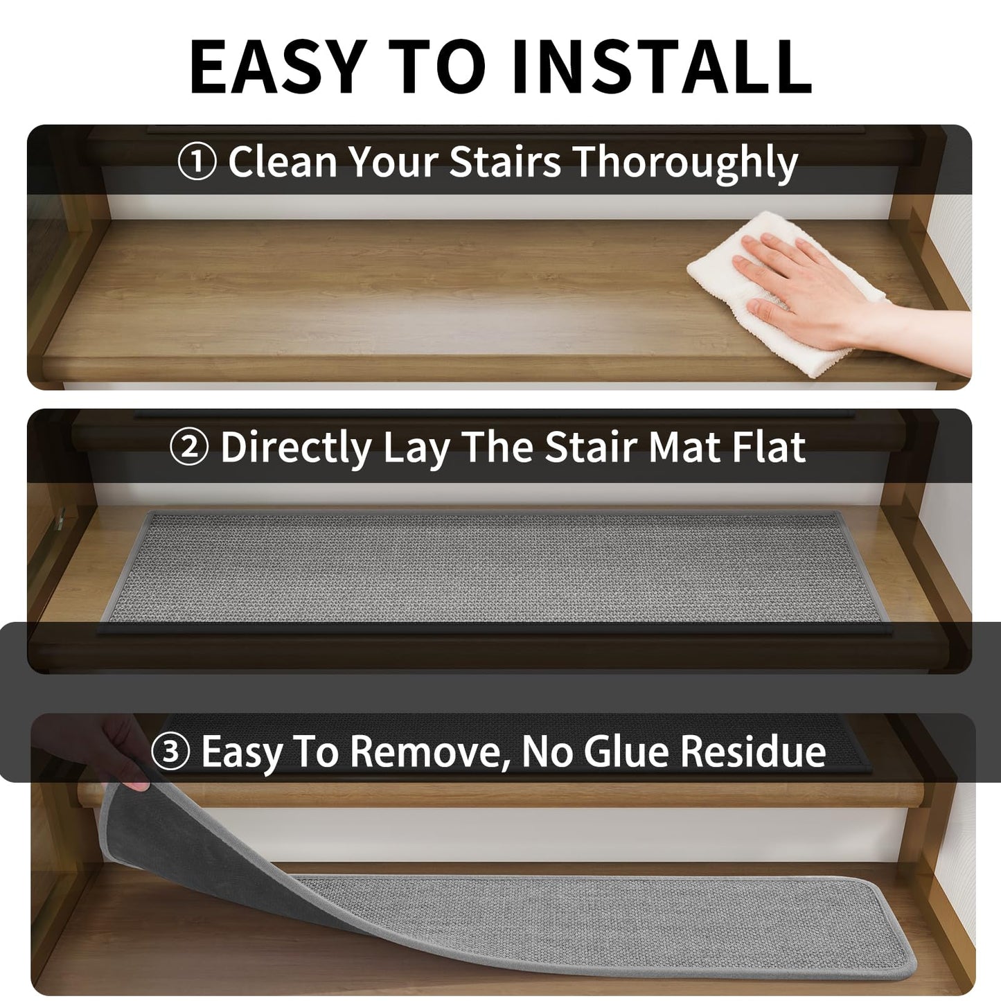 YDKGL Stair Treads Non Slip Indoor 4PCS, Rubber Backing Stair Runner Rugs for Wooden Steps, Residue Free Stair Carpet Treads for Kids Elders and Pets, Machine Washable Stair Mats, Gray, 8" x 30" WN420