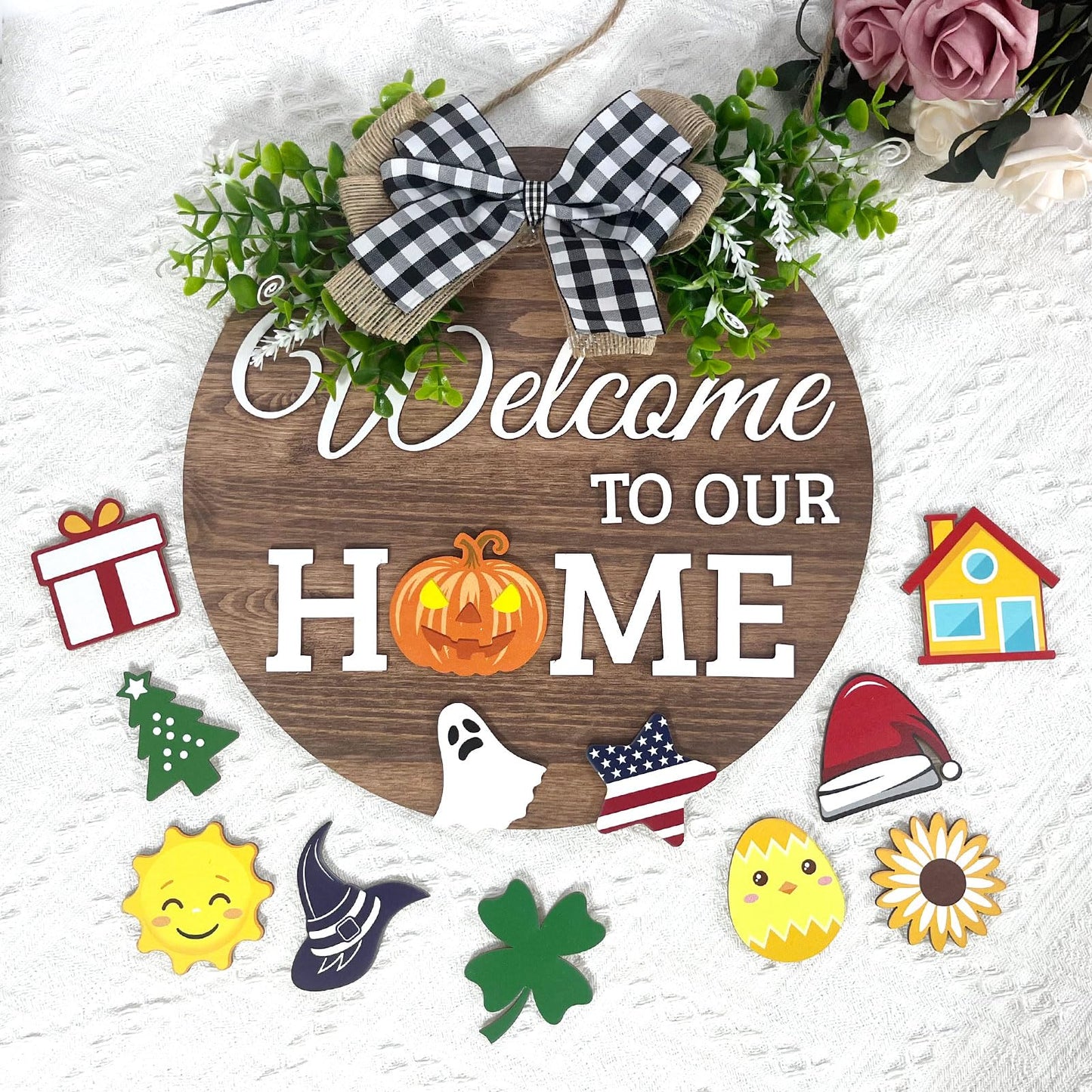 Interchangeable Seasonal Welcome Sign Front Door Decoration,Rustic Round Wood Wreaths Wall Hanging Outdoor Decor for Spring Summer Autumn and Winter All Seasons Holiday Halloween Christmas(Elf) BST326H