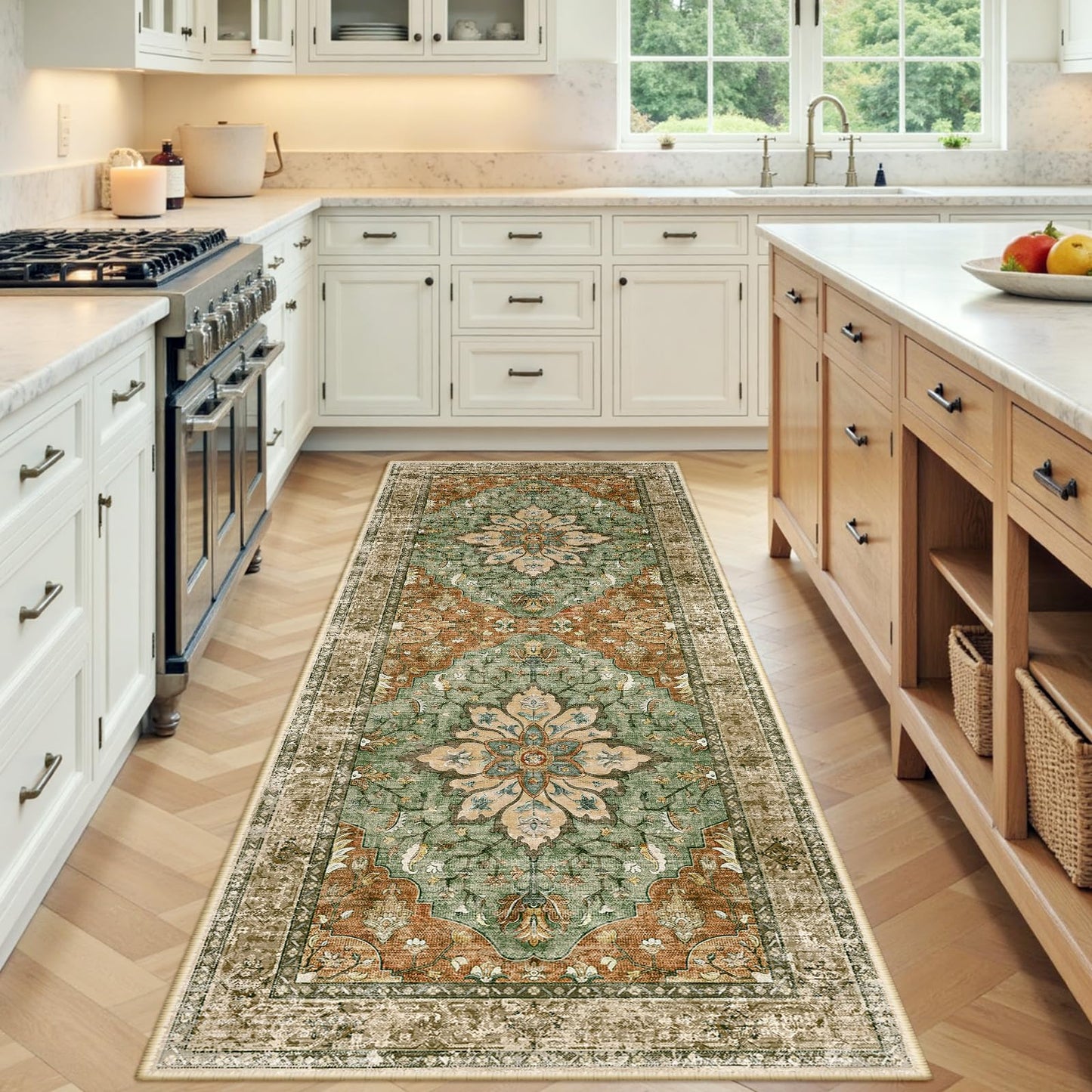 RELEANY Area Rugs Runner 2'x6' Washable Non-Slip, Floral Vintage Distress Medallion Carpet for Kitchen Hallway Bedroom Beside Laundry Room Bathroom, Teal Green Lake Blue Turquoise DD1210