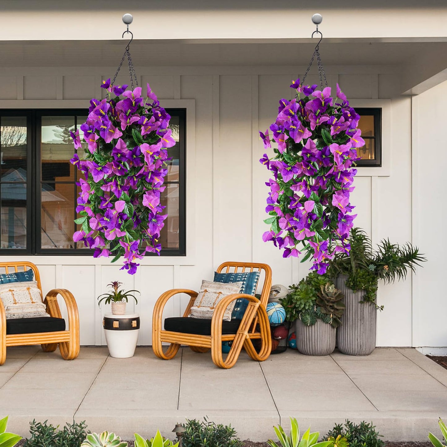 2 Pack Artificial Bougainvillea Flowers for Outdoors Decorations, Fake Hanging Plants, Faux Outside Flowers UV Resistant for Baskets Home Front Door Porch Patio Balcony Yard(Hot Pink) BST202