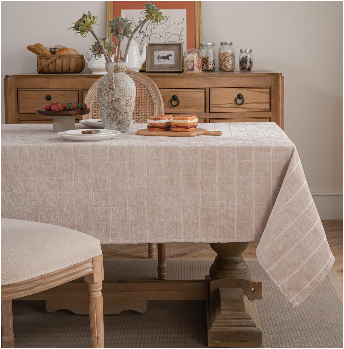 Caflife White Square Tablecloth 55x55 Inch, Cotton Linen Polyester Blend Stripes Table Cloth, Farmhouse Boho Decorative Table Cover for Dining Room Party Buffet Home Kitchen Table Decor BST202