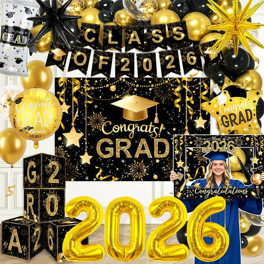 2026 Graduation Decorations Class of 2026 Black and Gold Congrats Grad Balloons,Banner,Backdrop,Photo Booth Props,Cards Boxes Kit for Graduation Party Decorations in Indoor or Outdoor (Graduation) BST326H