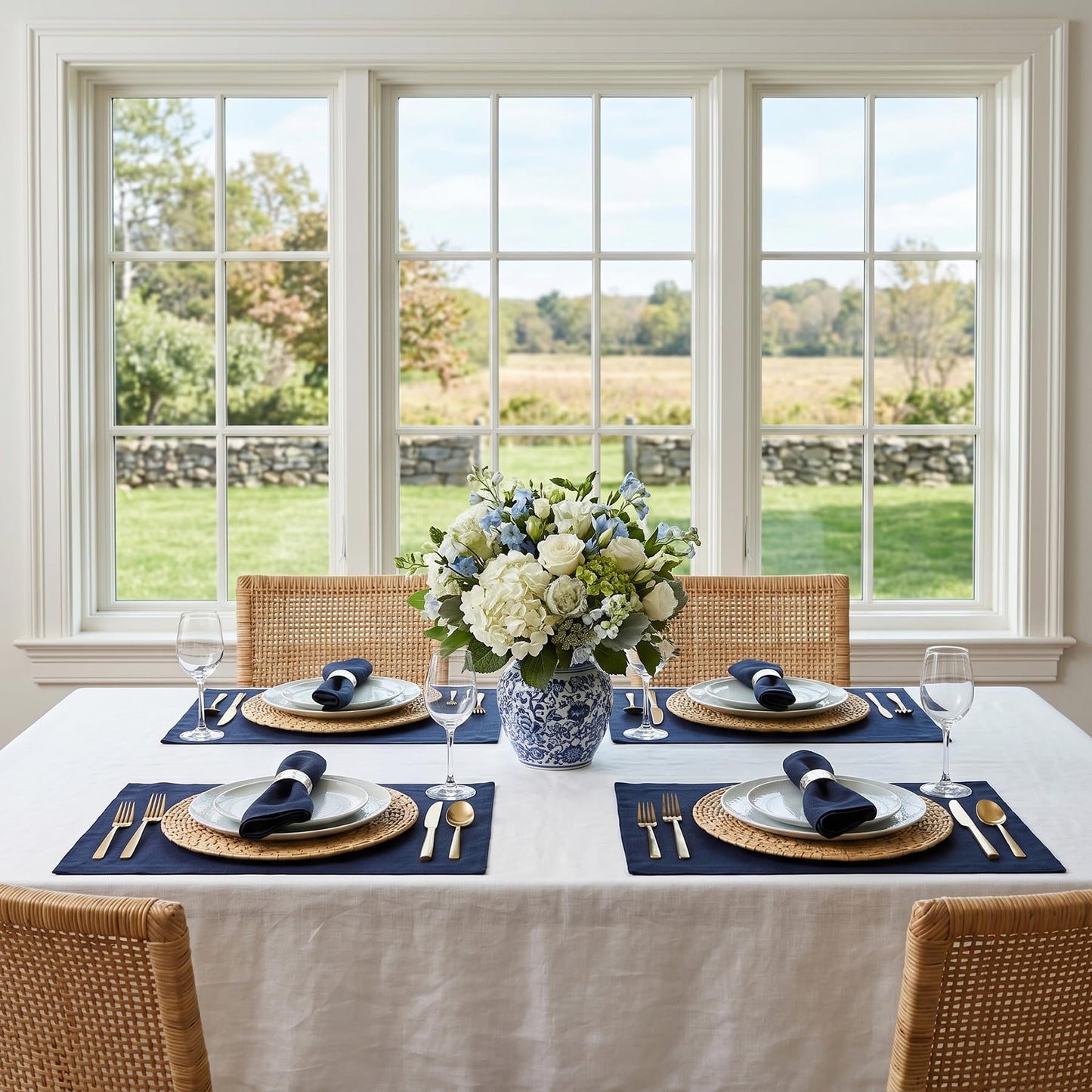 Solino Home 100% Linen Square Placemats White, Fete 14 x 14 in, Set of 4 | Square Table Mats square place settings for daily and festive dining; neatly mitered corners; Pure Linen; OEKO-TEX Certified BST326SOLH