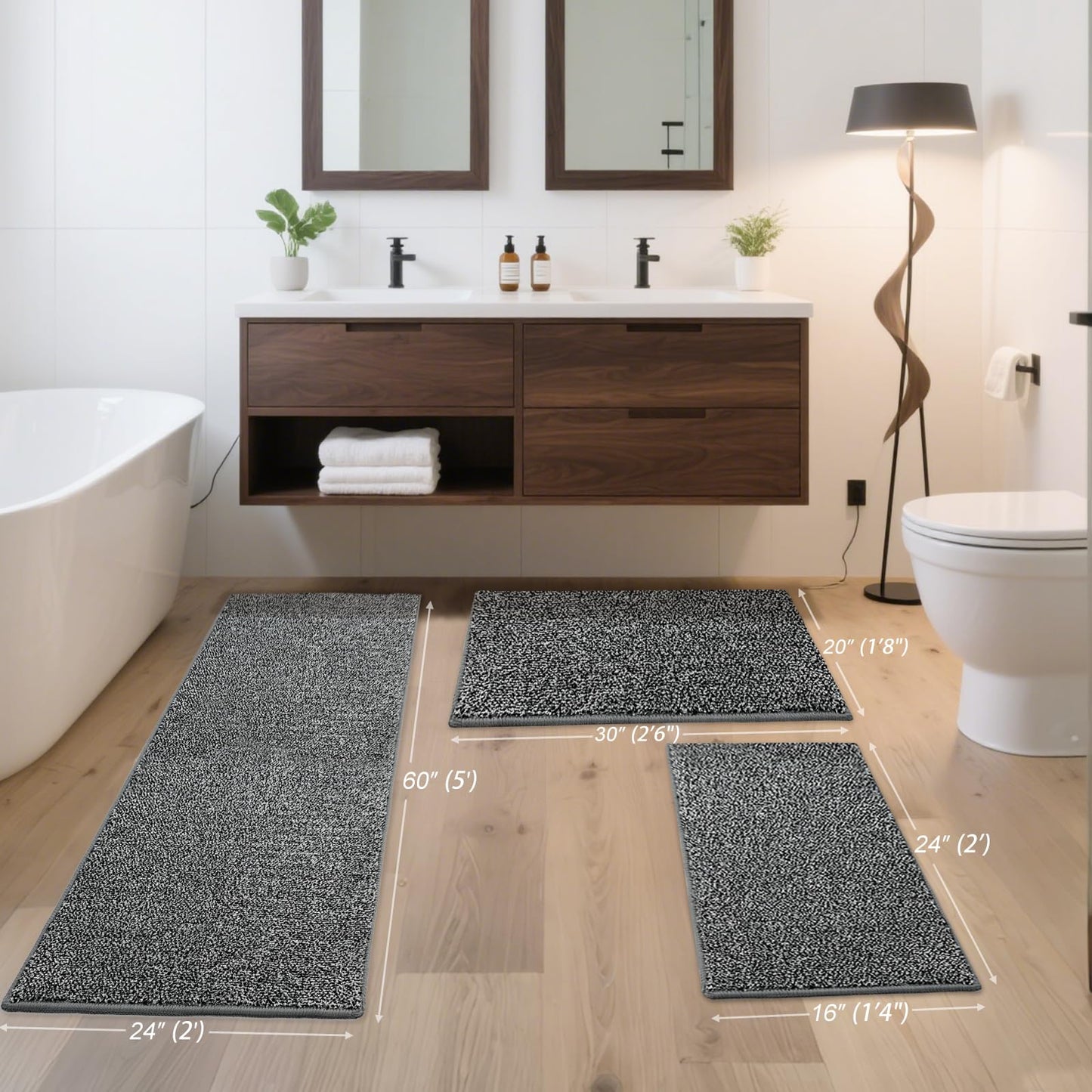 HDFK Bathroom Rugs | Non Slip Washable Bath Mats 24x16 Inches 2 Tone Soft Chenille Medium Pile TPR Floor Mat | High Absorbency Quick Dry Grey and White | Shower Rug for Wet Dry Zone BST220