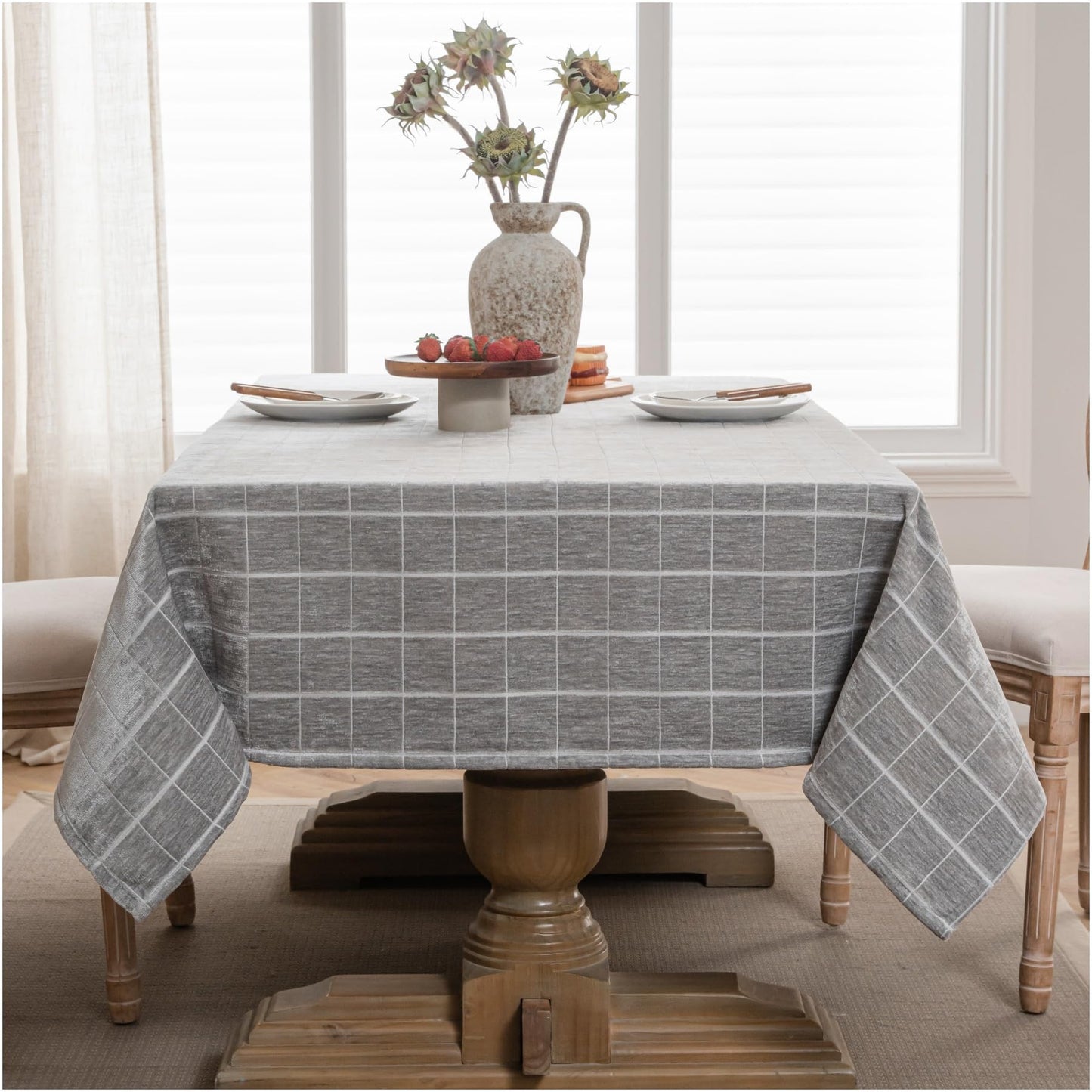 Caflife White Square Tablecloth 55x55 Inch, Cotton Linen Polyester Blend Stripes Table Cloth, Farmhouse Boho Decorative Table Cover for Dining Room Party Buffet Home Kitchen Table Decor BST202