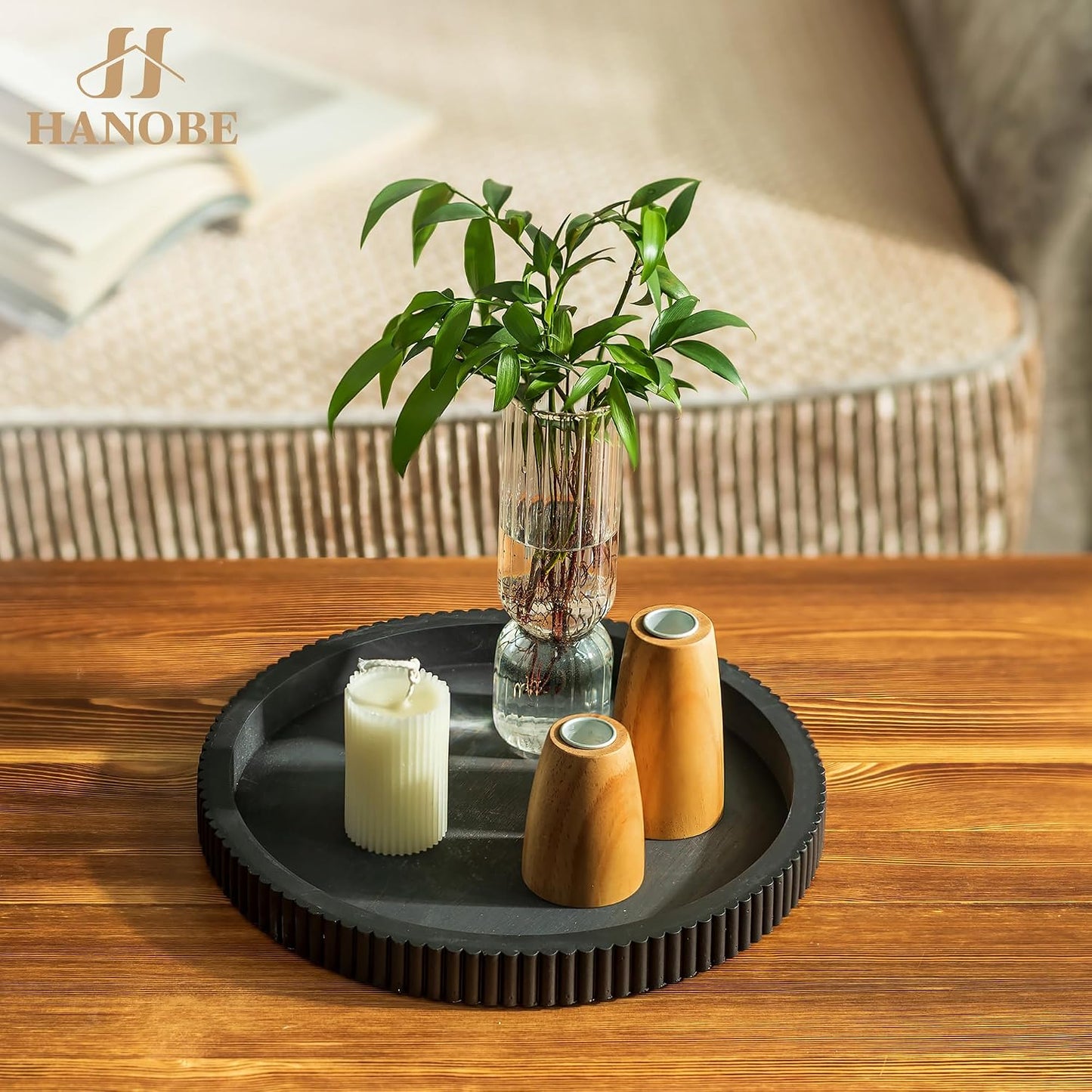 Hanobe Black Decorative Coffee Table Tray, Scalloped Edge | 12" round wood centerpiece tray, ideal for living room, entryway table, kitchen island, fits modern decor. BST326H