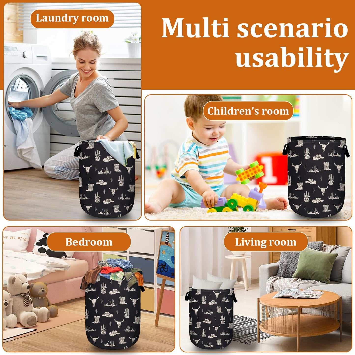 Nature Cow Print Laundry Basket with Sturdy Handles, Cow Skin Collapsible Oxford Cloth Laundry Hamper Organizer Basket for Bathroom Bedroom 15.7x20 Inch BST220