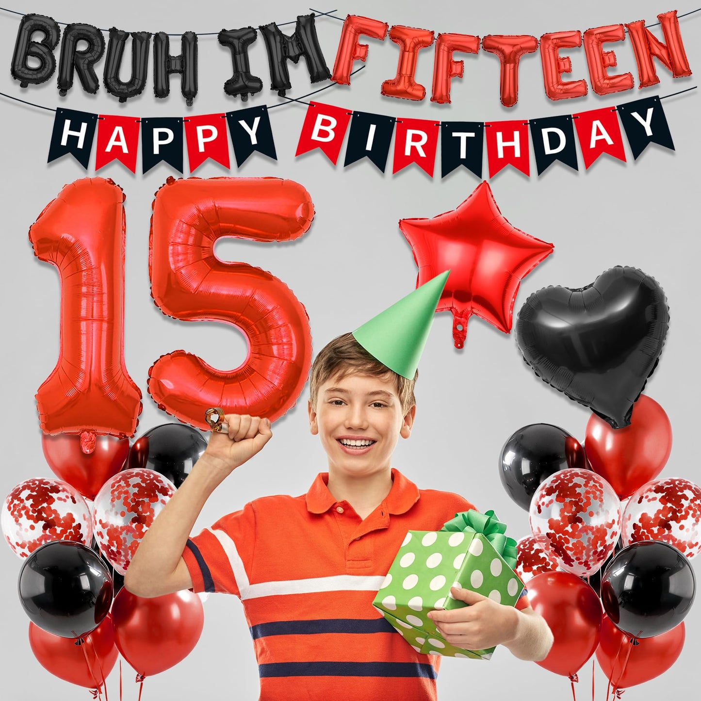 9th Birthday Decorations Boys Kit - 27 Pcs Red and Black Bruh Im Nine Balloon Banners Happy Birthday Fishtail Flags Number 9 Balloon Star Heart Balloons Set for 9 Year Old Party Decoration Supplies BST202