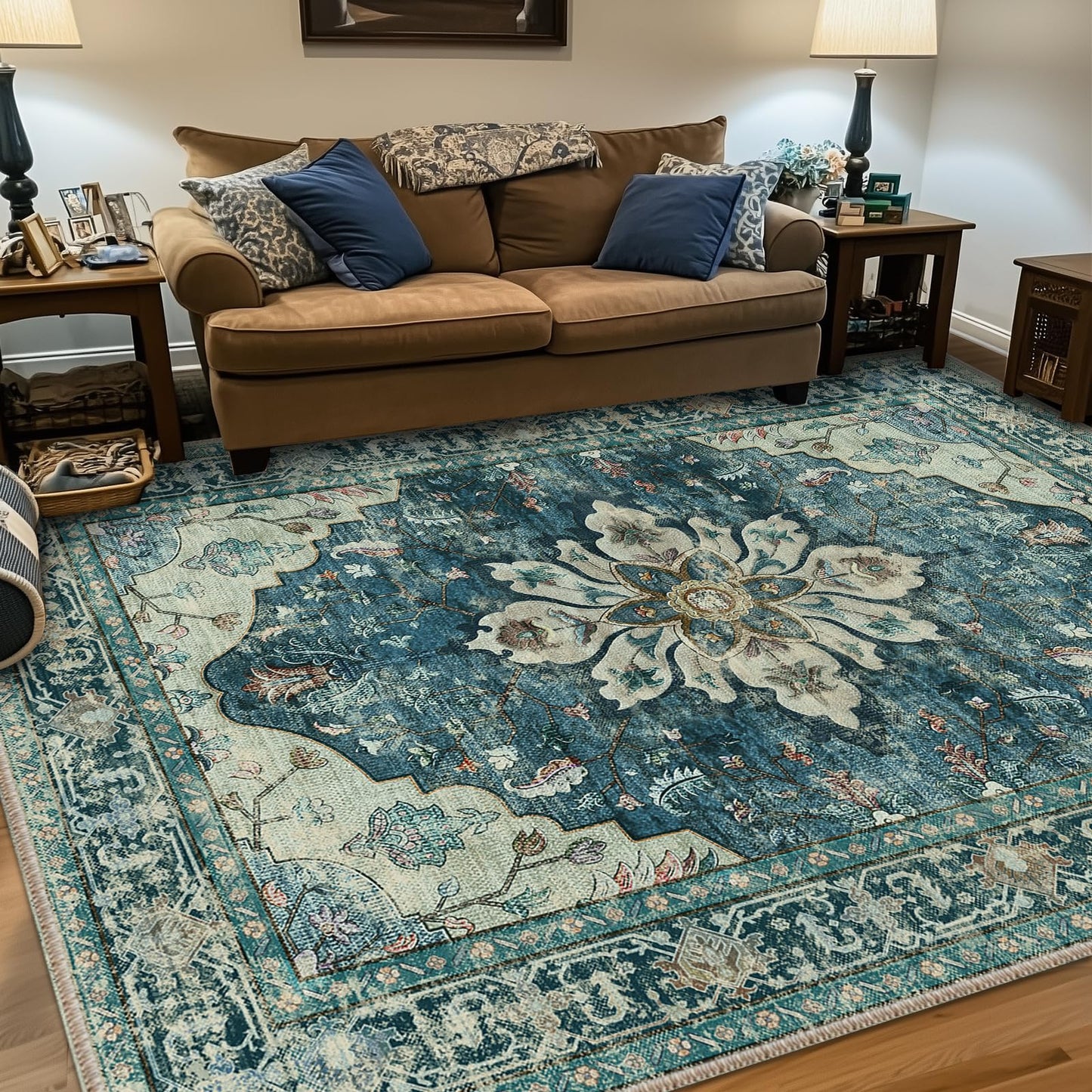RELEANY Area Rugs Runner 2'x6' Washable Non-Slip, Floral Vintage Distress Medallion Carpet for Kitchen Hallway Bedroom Beside Laundry Room Bathroom, Teal Green Lake Blue Turquoise DD1210