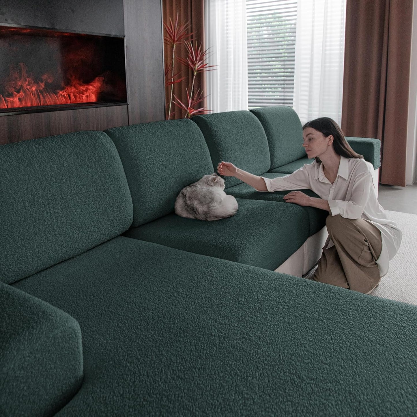 OHSIO Couch Cushion Covers for Sectional Sofa, Stretch Soft Sofa Slipcovers Washable Wear-Resistant Universal Furniture Protector for Living Room(1 Piece Oversized Cover, Green) BST202