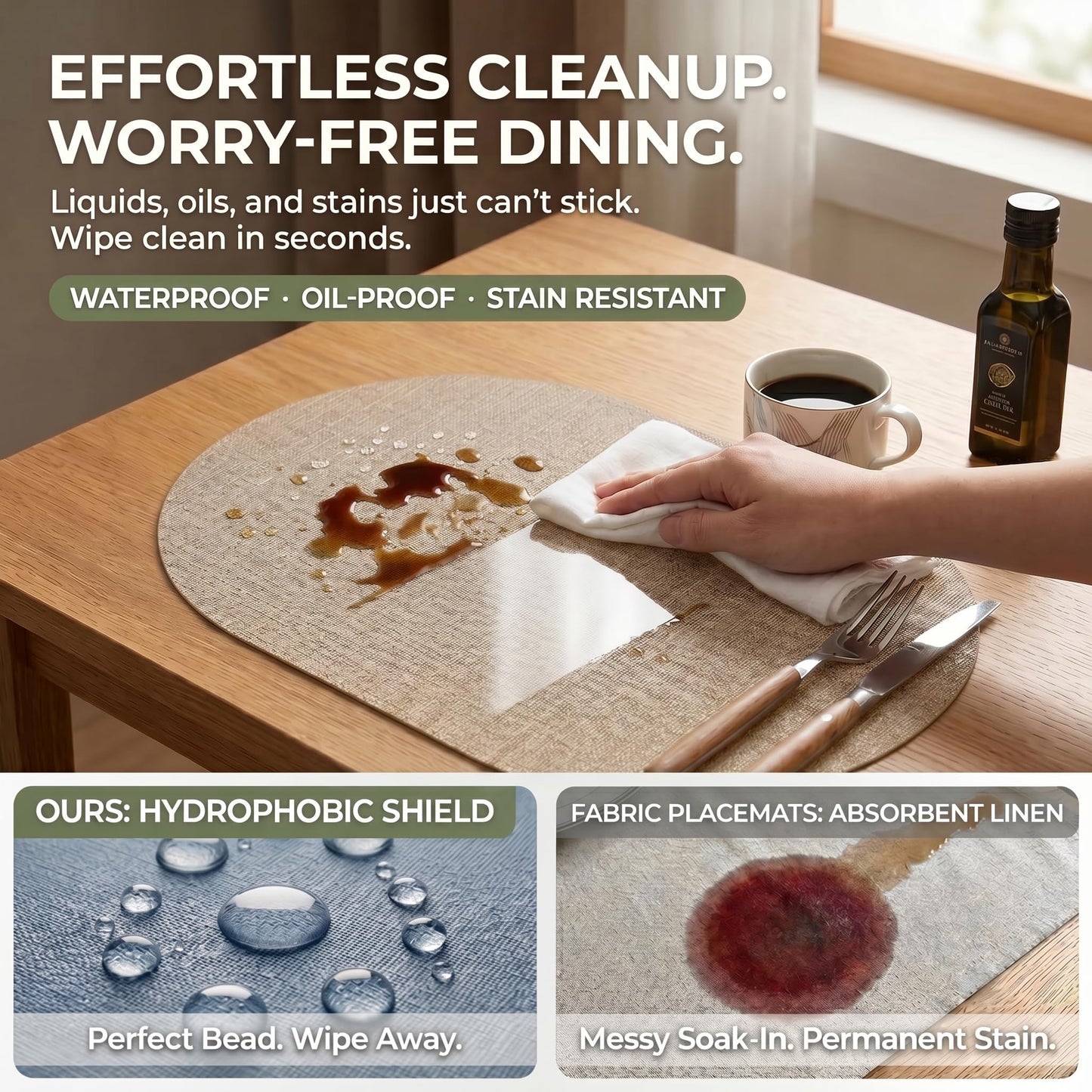 Faux Leather Placemats Set of 6, Wipeable Waterproof Stain Resistant Table Mats, Heat Resistant Thick Placemats with Hand-Painted Edges for Kitchen Dining, Imitative Linen Texture, Various Shapes BST326H