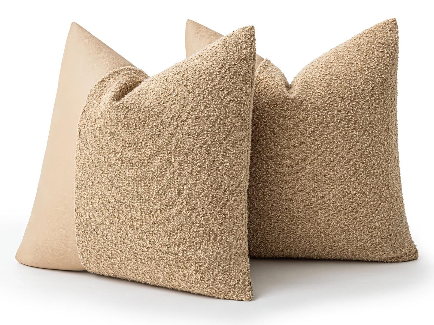 Set of 2 Fluffy Boucle Pillow Covers 18"x18", Oatmeal Textured Throw Pillow Covers with Faux Leather Accents, Boho Decorative Pillow Cases for Couch, Bed, or Farmhouse Home Decor BST220