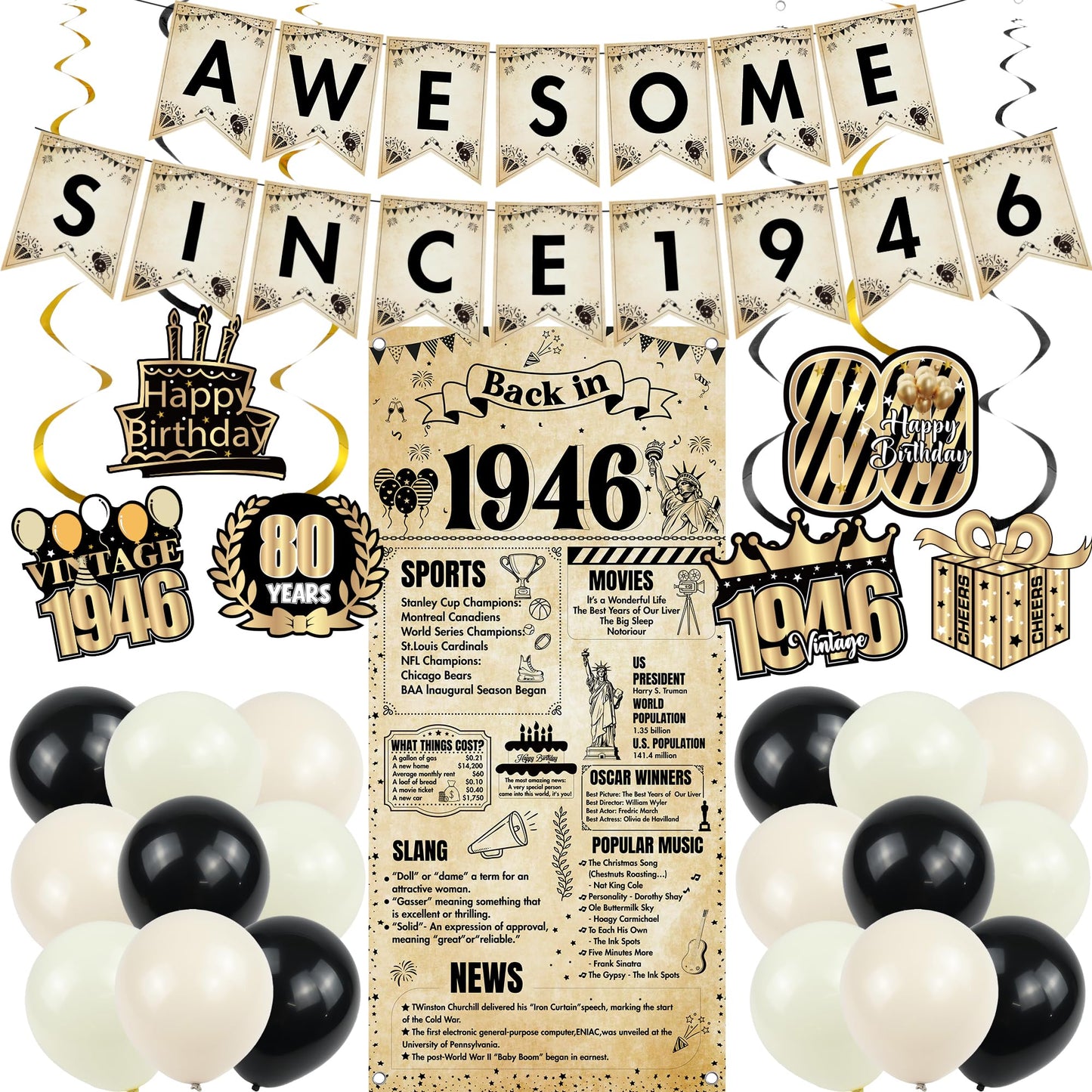 Happy 40th Birthday Decorations Men - 27 Pcs Retro Newspaper Theme Awesome Since 1986 Letter Banners Hanging Swirls Backdrop Latex Balloons for Men Women 40 Years Old Birthday Party Decor Supplies BST326L