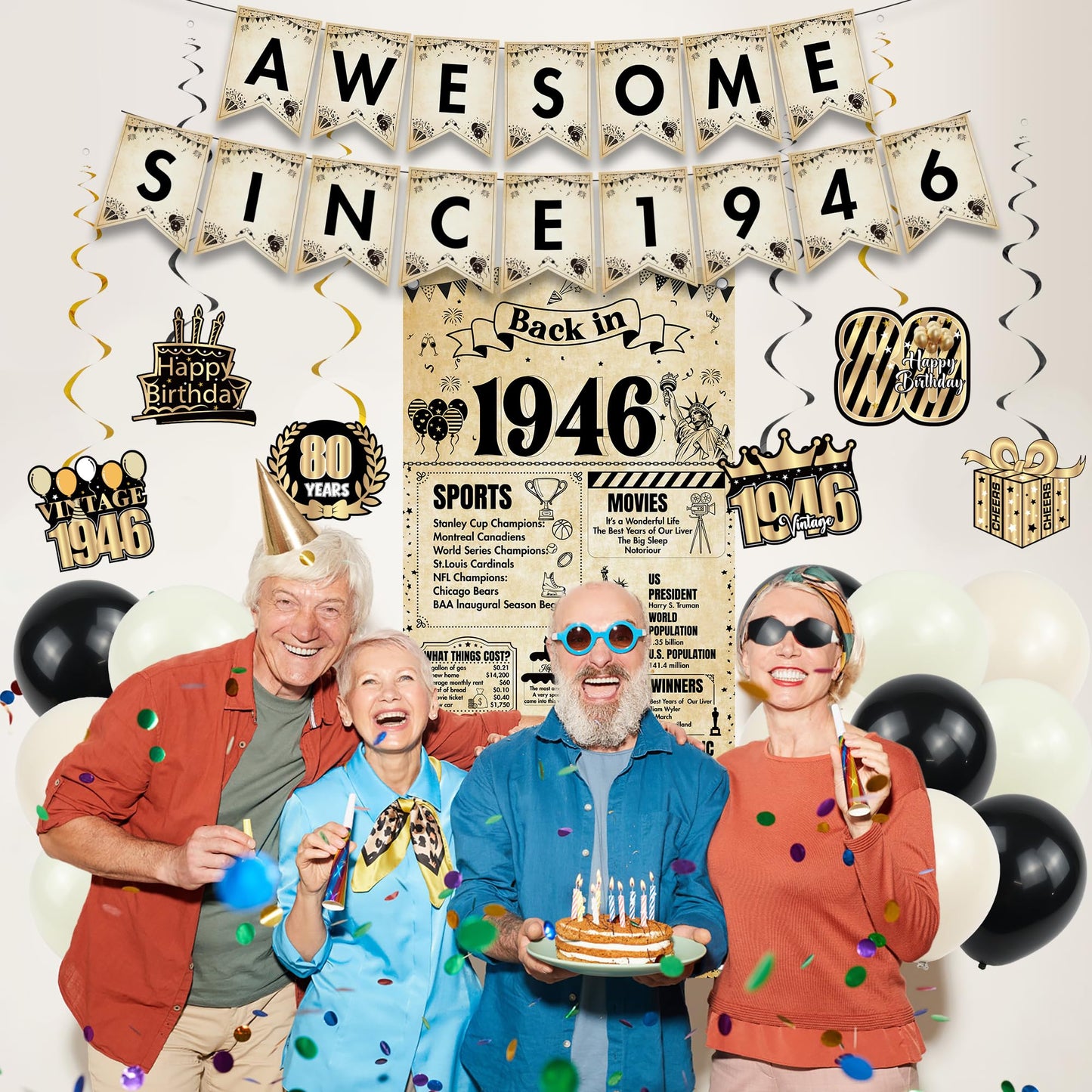 Happy 40th Birthday Decorations Men - 27 Pcs Retro Newspaper Theme Awesome Since 1986 Letter Banners Hanging Swirls Backdrop Latex Balloons for Men Women 40 Years Old Birthday Party Decor Supplies BST326L