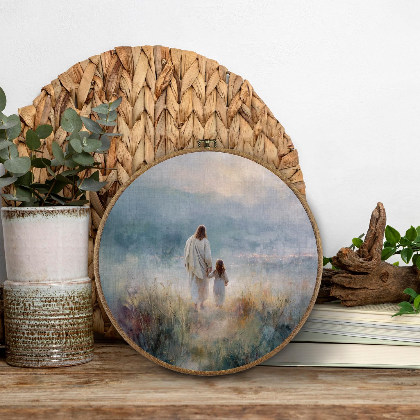 BitKAM Jesus and Lamb Christian Round Wall Art Decor, Jesus Saves the Lost Lamb Canvas Prints Framed, Religious Wall Hanging Decorations for Church Home Bedroom Living Room, 10x10 Inch Wall Sculptures BST326L